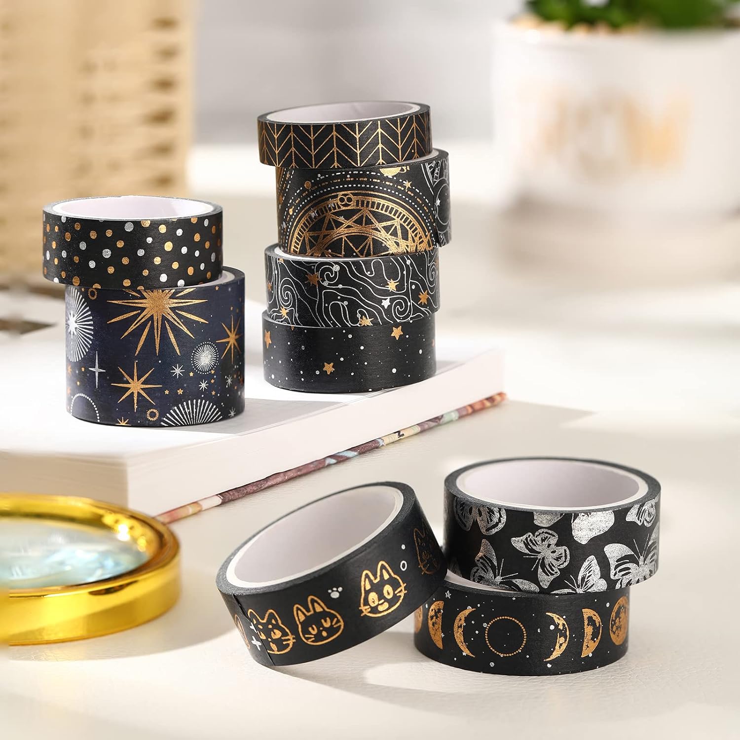 Tinlade Vintage Book Washi Tape Set 9 Rolls Gothic Silver Gold Pattern Foil Masking Tape Butterfly Star Moon Aesthetic Decorative for Arts, Book, DIY Crafts and Gift Wrapping
