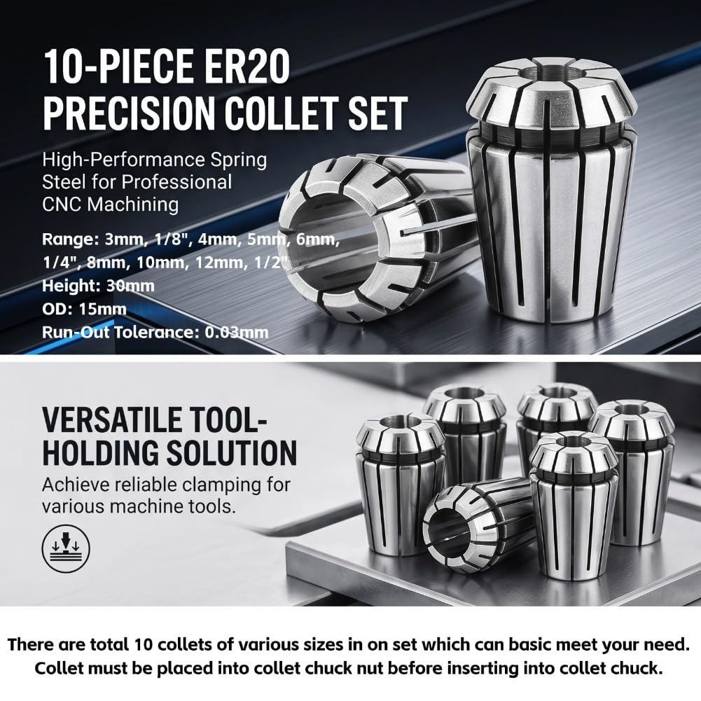Paquete de 10pcs / set Set de pinza de alta precisión ER20 para máquina de grabado CNC y herramienta de torno de fresado 1/8 "~ 10mm