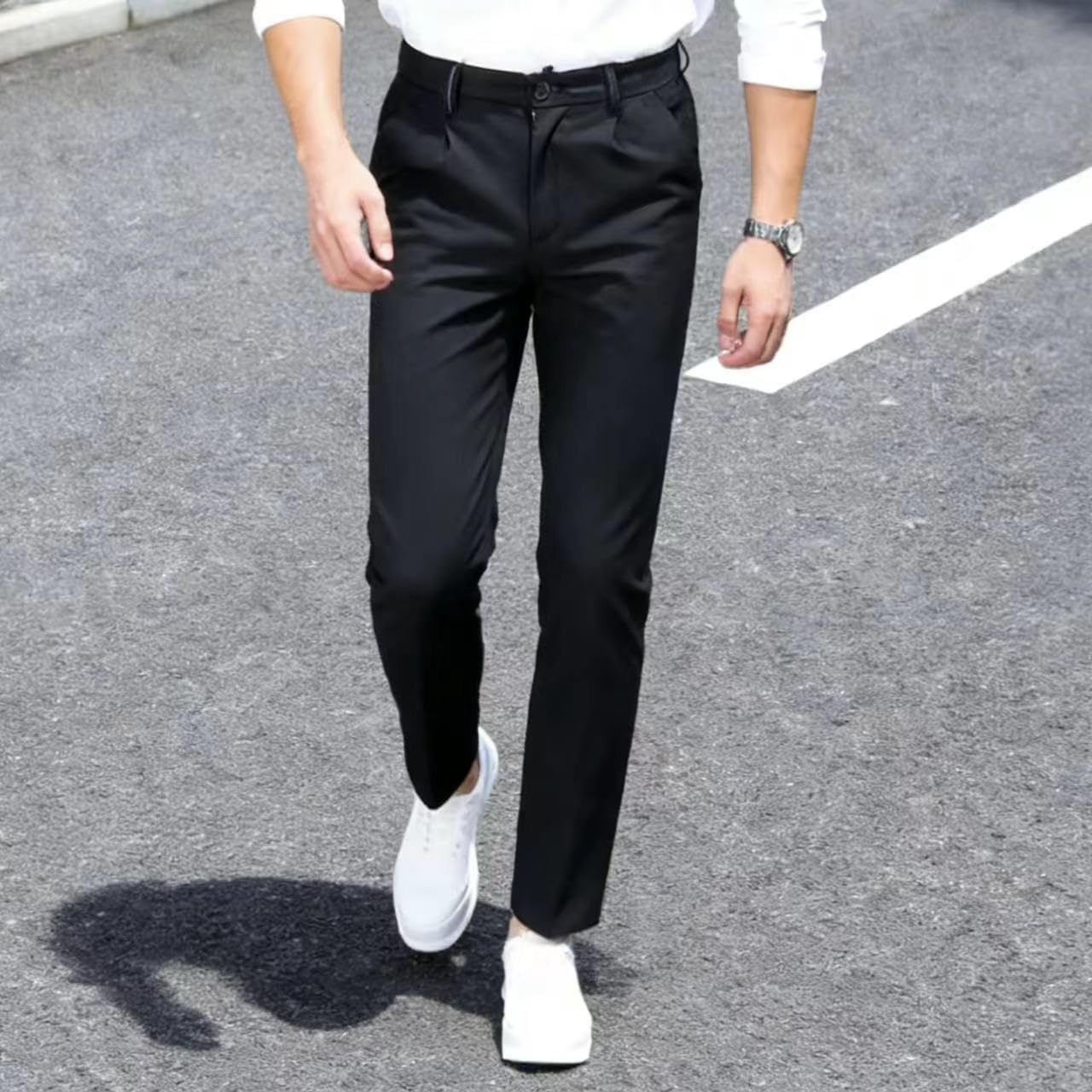 Men's Slim Fit Dress Pants, Pleated Front, Business Casual Trousers, Light Gray and Beige - Image 6