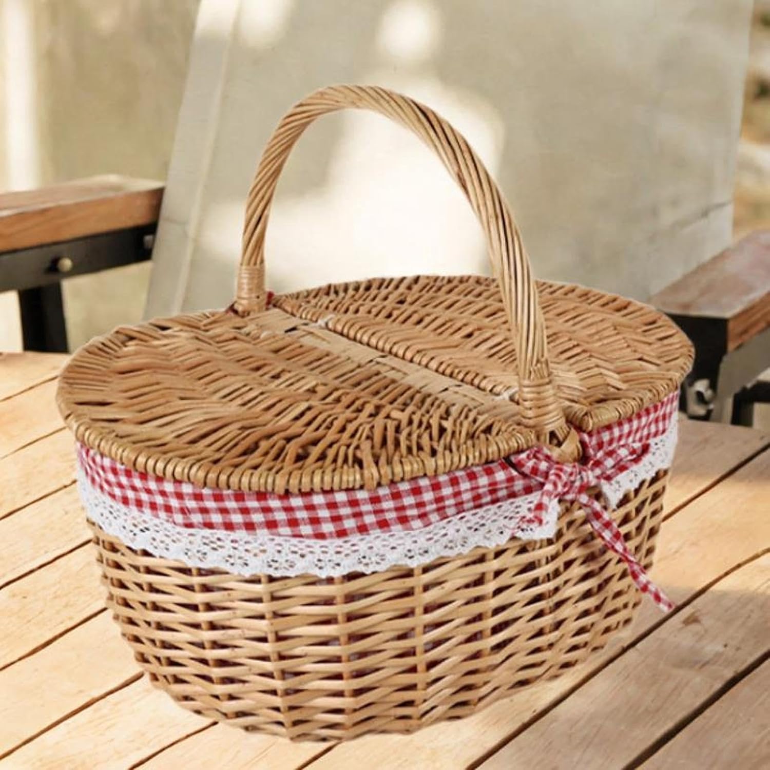 枝編み細工品ピクニックバスケット 蓋とハンドル付き 小型収納バスケット 食品保管用 ベージュグレー レッド ホワイト L