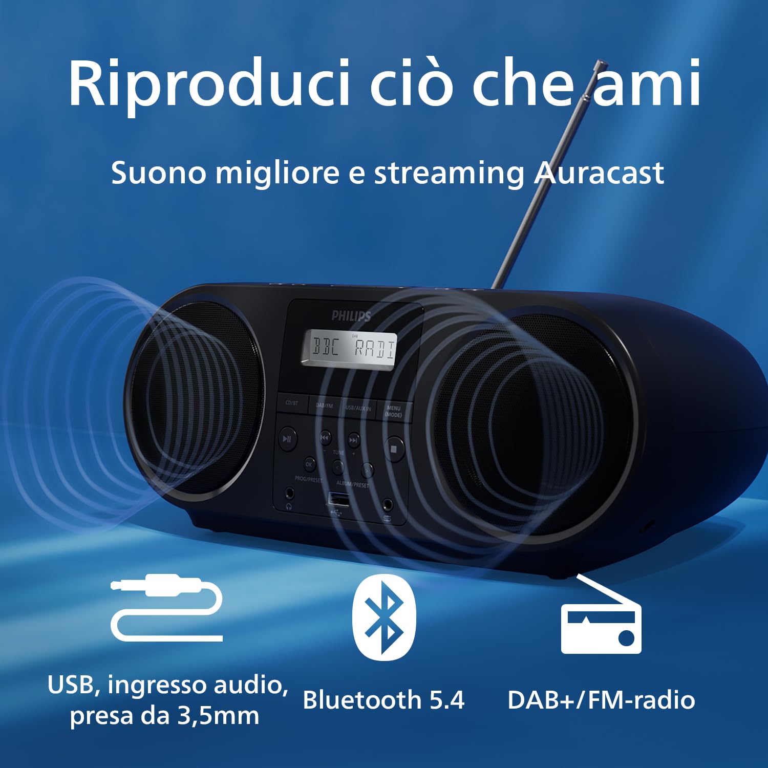 Philips TAZ6000 Lettore CD tutto in uno con radio DAB+/ FM, Bluetooth 5.4, USB, batteria/CA