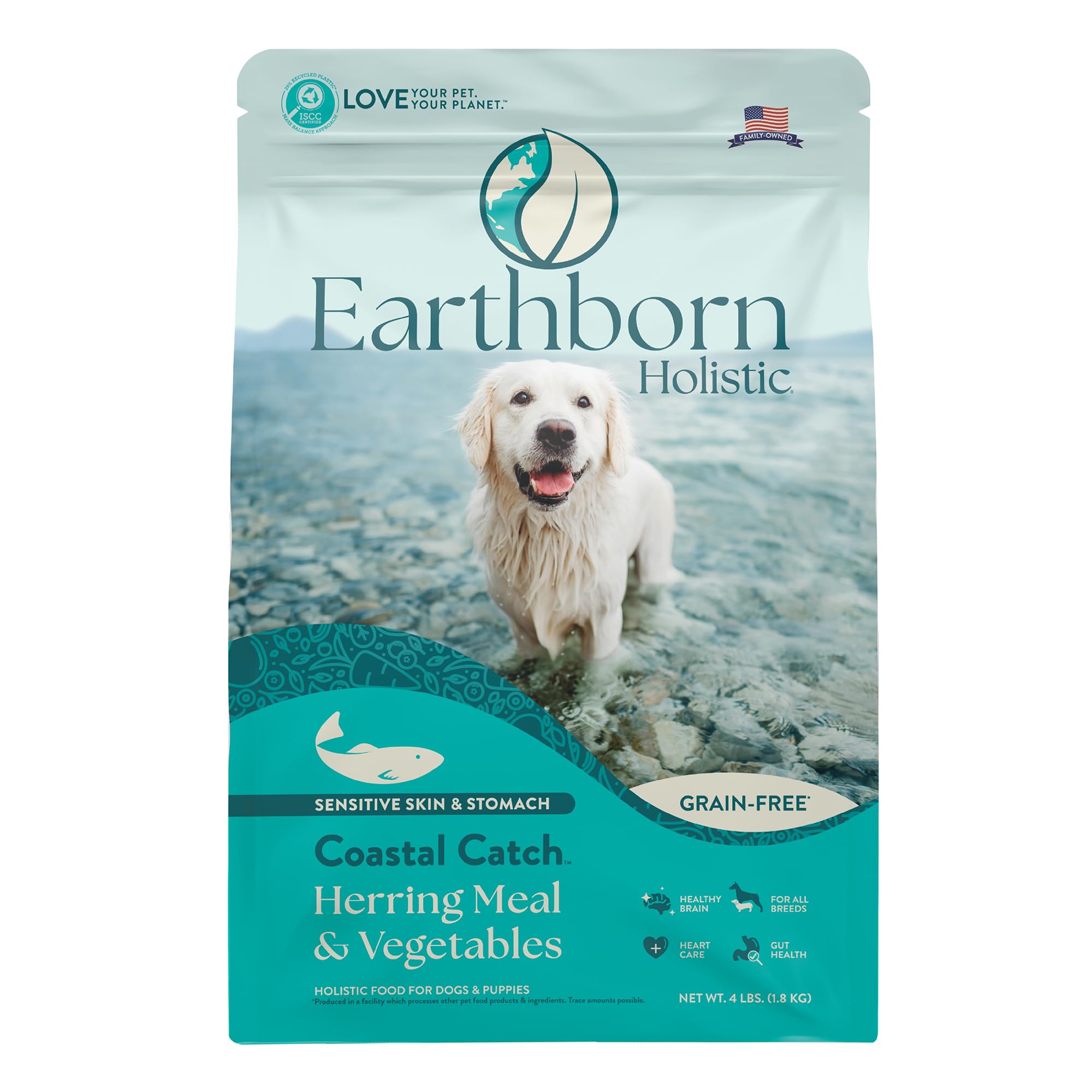 Earthborn Holistic Coastal Catch Herring Meal & Vegetables Grain-Free Sensitive Skin & Stomach Dry Food for Dogs & Puppies (4 lb. Bag)