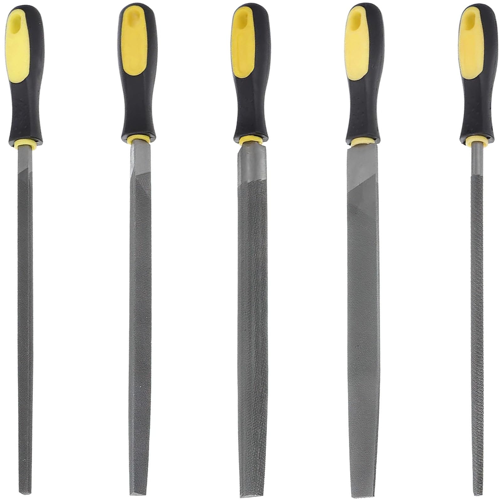 Set di 5 lime professionali per la lavorazione dei metalli, 25,4 cm, manico ergonomico, raspa in acciaio con lime rotonde, piatte, semicircolari e triangolari, custodia arrotolabile