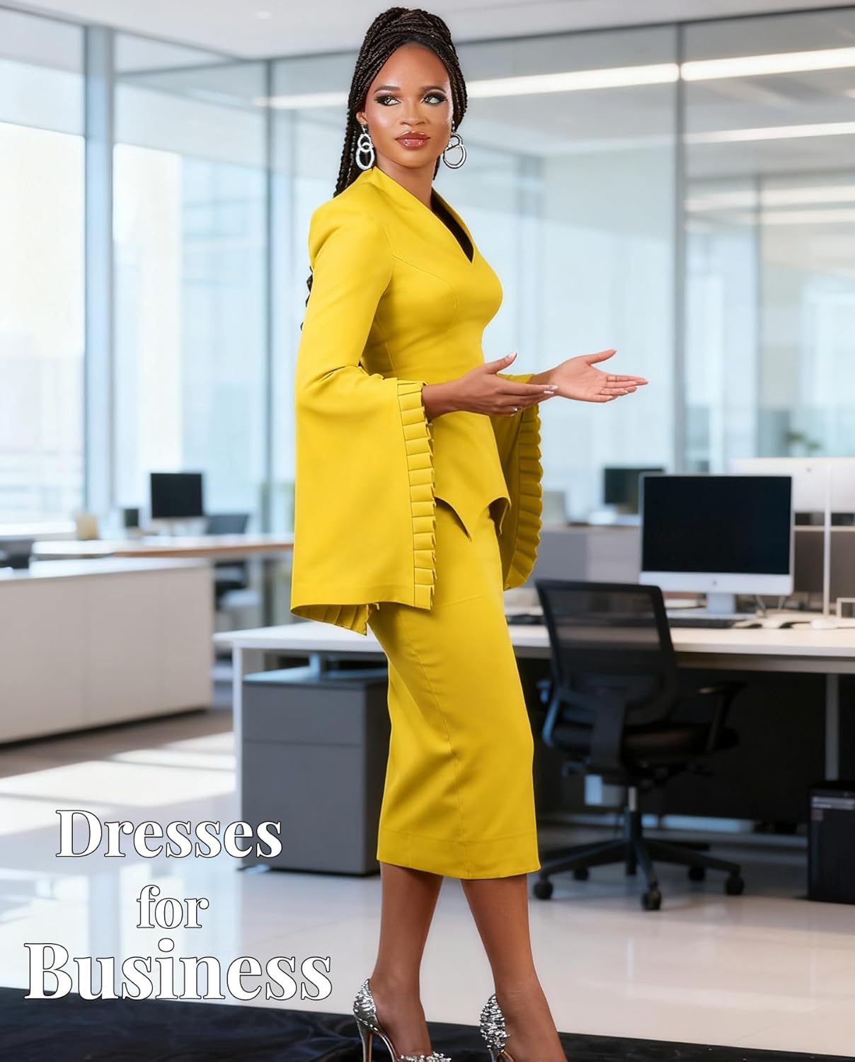 Voghtic Women Peplum Bodycon Pencil Dress Business Office Wear to Work Sheath Dress v Neck Ruffle Sleeve Church Dresses - Image 6