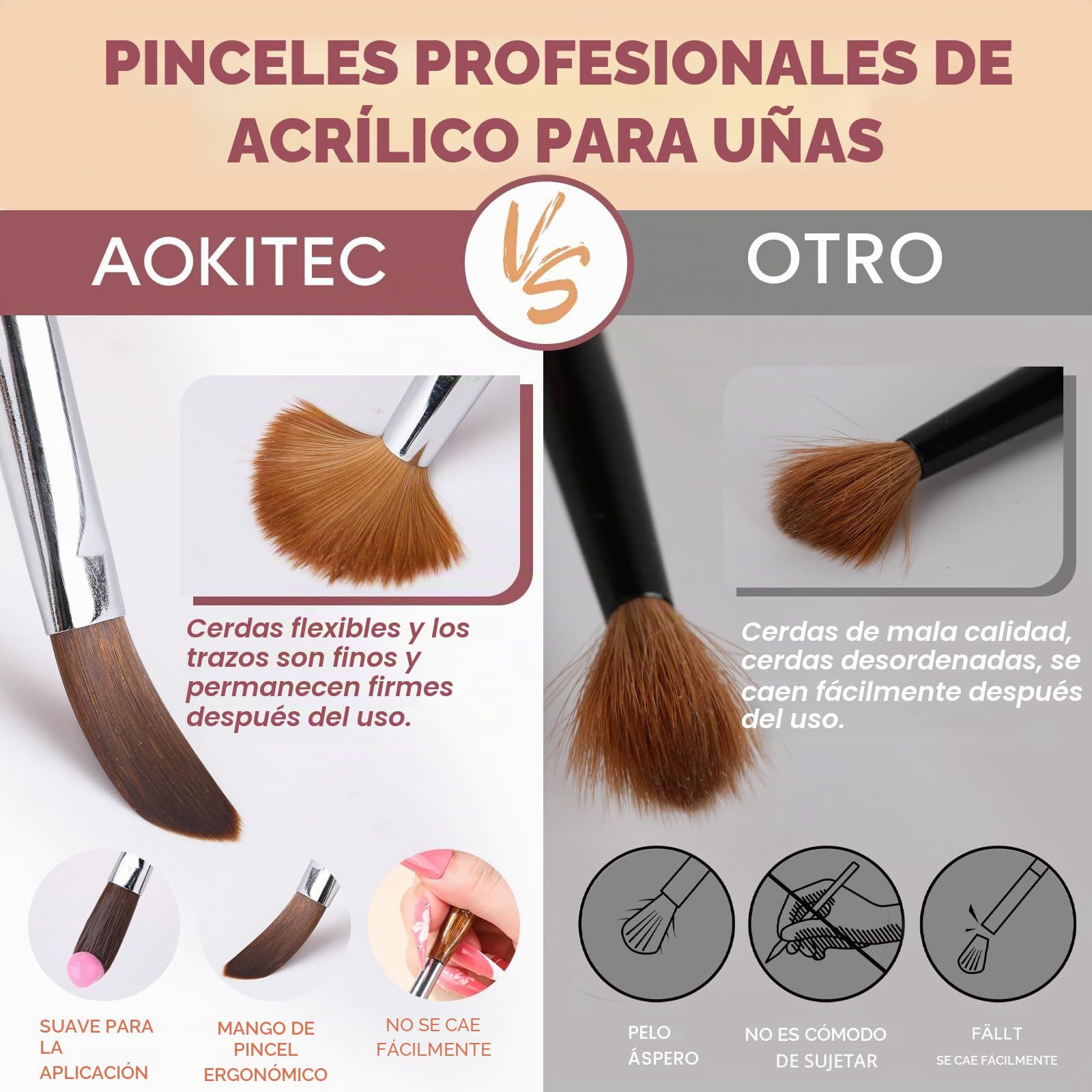 Aokitec Kolinsky Cepillo de uñas acrílico con limpiador de cepillos de metal - tamaño 8/12/14 cepillos de uñas para polvo acrílico, mango de madera cepillos acrílicos para uñas, extensión de uñas