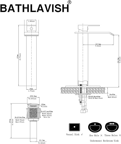 Miniatura 6 de Grifo de lavabo moderno, alto, cromado, cascada, un solo agujero, cromo pulido, lavabo para lavabo RV con desagüe desplegable