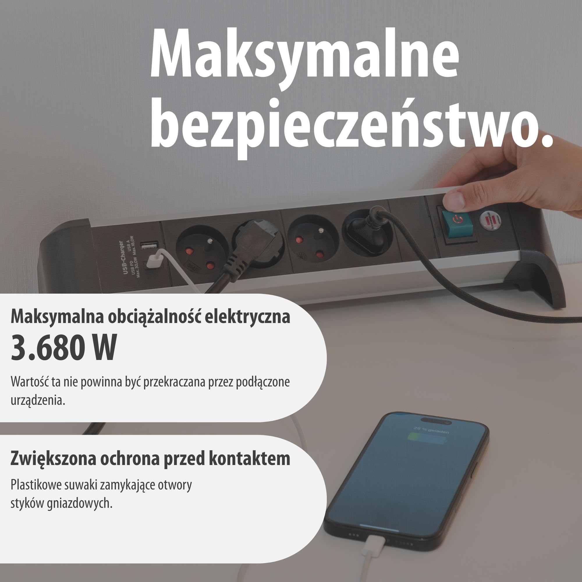 Brennenstuhl Alu-Office-Line Listwa zasilająca z 4 gniazdami i USB C PD 30W i USB A 18W (Made in Germany, gniazdo wielogniazdowe idealne do biura, kabel 1,8 m, z przełącznikiem)