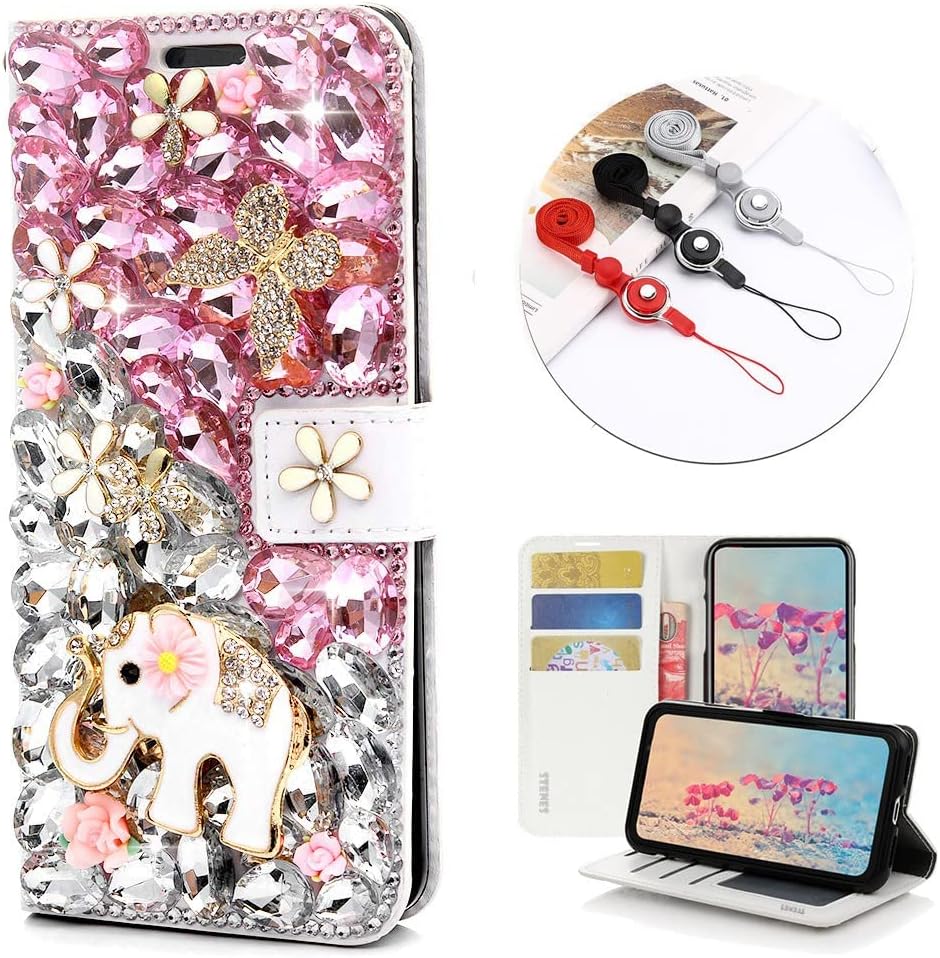 STENES Bling Wallet Phone Case Compatible with Samsung Galaxy S20 - Stylish - 3D Handmade Crystal Elephant Butterfly Flower Magnetic Leather Cover with Neck Strap Lanyard [3 Pack] - Pink