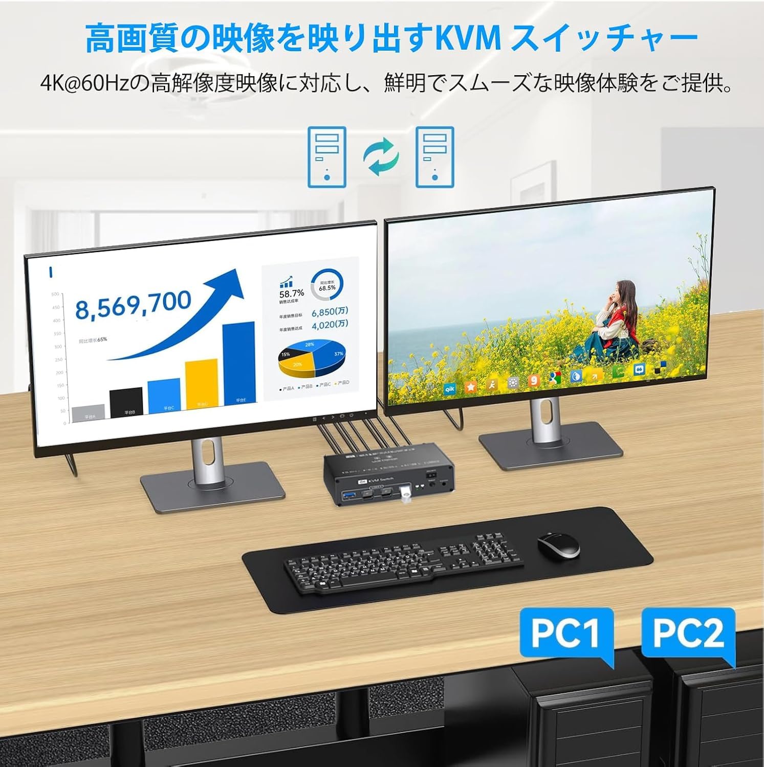 モニター2台 24インチモニターを2台設置できる、横幅115cmのゲーミング用モニター台