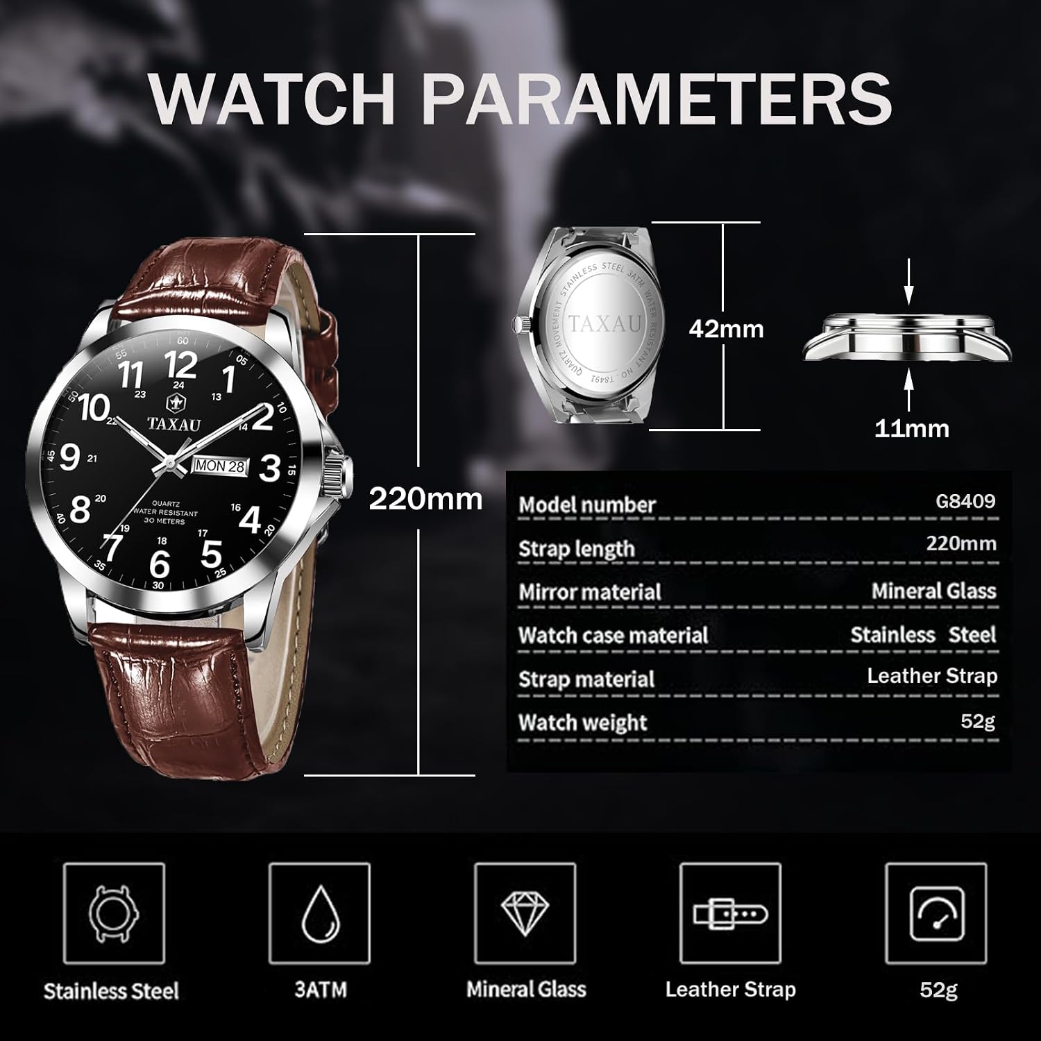 Taxau Men's Watches Leather Band, Vintage Style Business Casual Quartz Watch for Men, 30M Waterproof Luminous Mens Dress Watch with Date Calendar, Elegant Ideal Gift for Father's Day