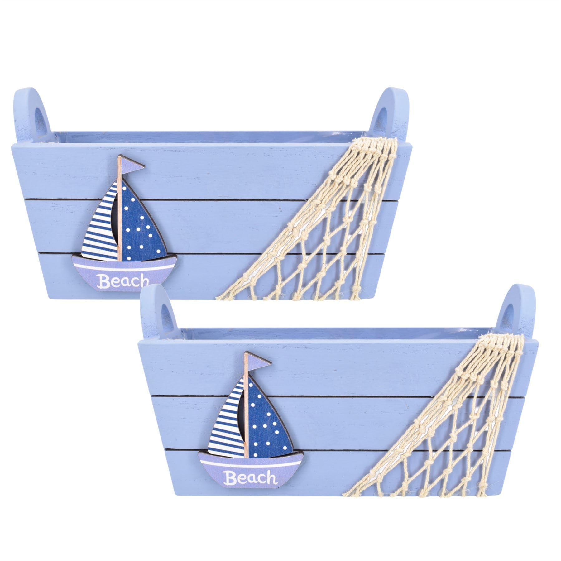 Carousel Home Set of 2 Small Blue Nautical Wooden Storage Crates, 22cm Decorative Bathroom Storage Box with Rope Netting Sailboat Detail