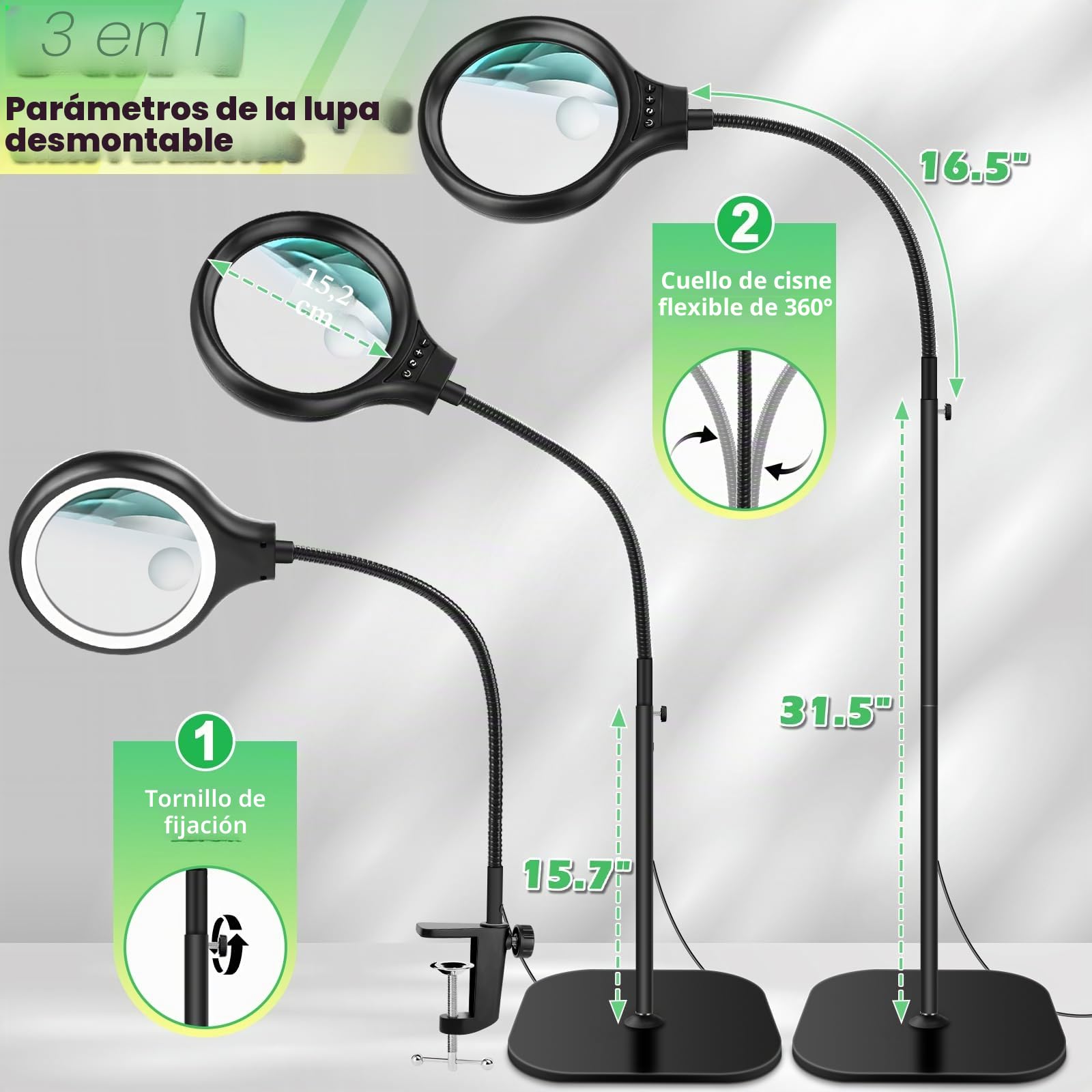 NZQXJXZ 3 en 1 Lupa con Luz y Soporte, 30X 10X Lámpara de Aumento de Pie | con Cuello de Cisne Flexible con 36 LED, 3 Modos de Color, Lupa de Escritorio con Abrazadera para Leer, Coser y Pasatiempos