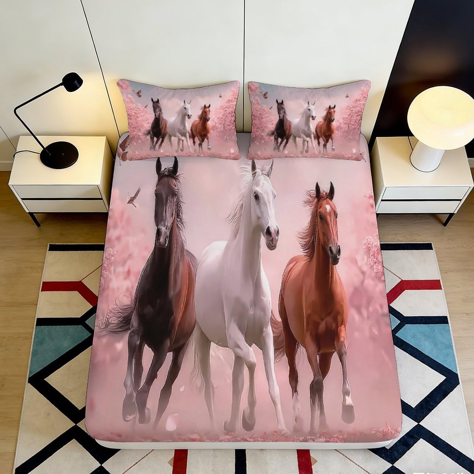 3D Printed Galloping Horses Fitted Sheet Microfiber Soft Breathable Running Horses Mattress Cover for Bedroom Dormitory Guest Room Mattress Protection 120x200x25cm