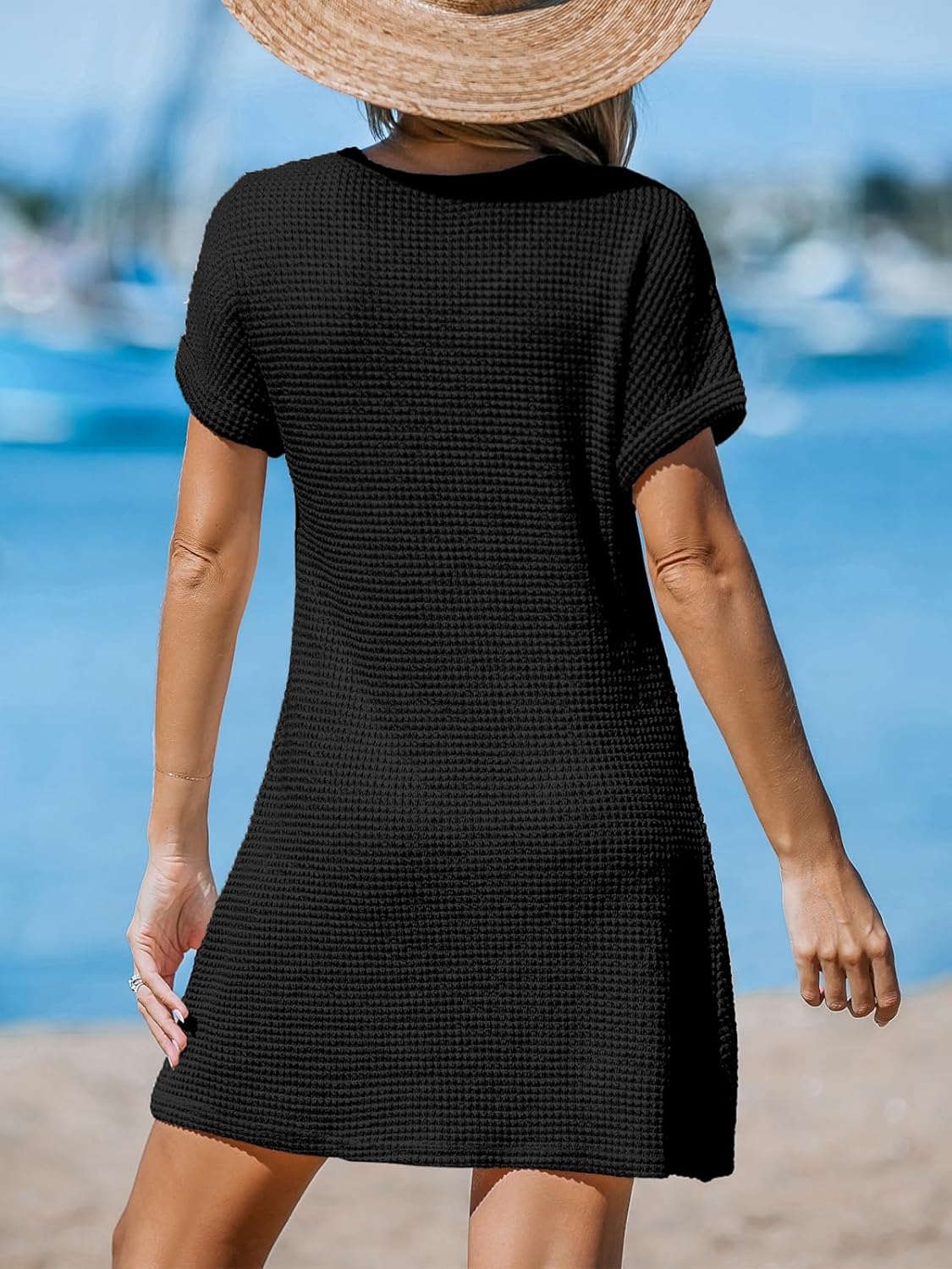 CUPSHE Bathing Suit Cover Up for Women Waffle Knit Twisted Beach Dress Short Sleeve Summer Swimsuit Coverup Swimwear
