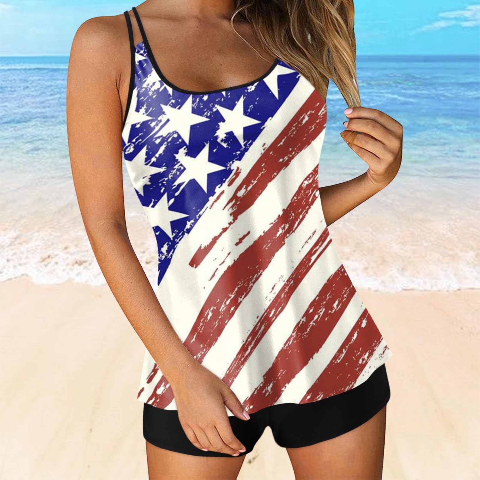 Generisch Costume da bagno tankini da donna, costume da bagno a due pezzi, 4 luglio, canotta stampata con parte superiore lunga