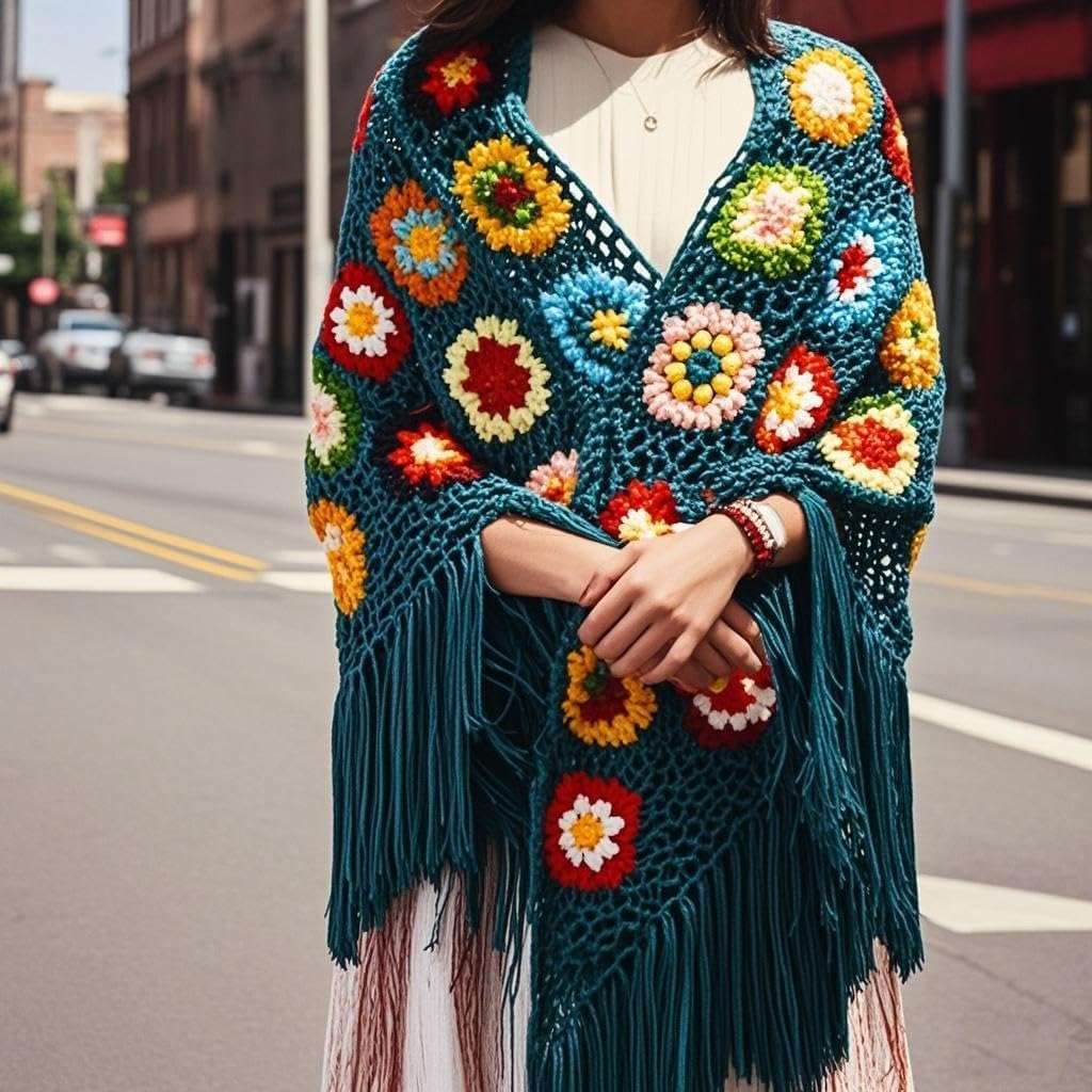 Handmade Crochet 70x34in Fringed Poncho Cape Shawls Wraps Granny Square Womens Coat Sweater