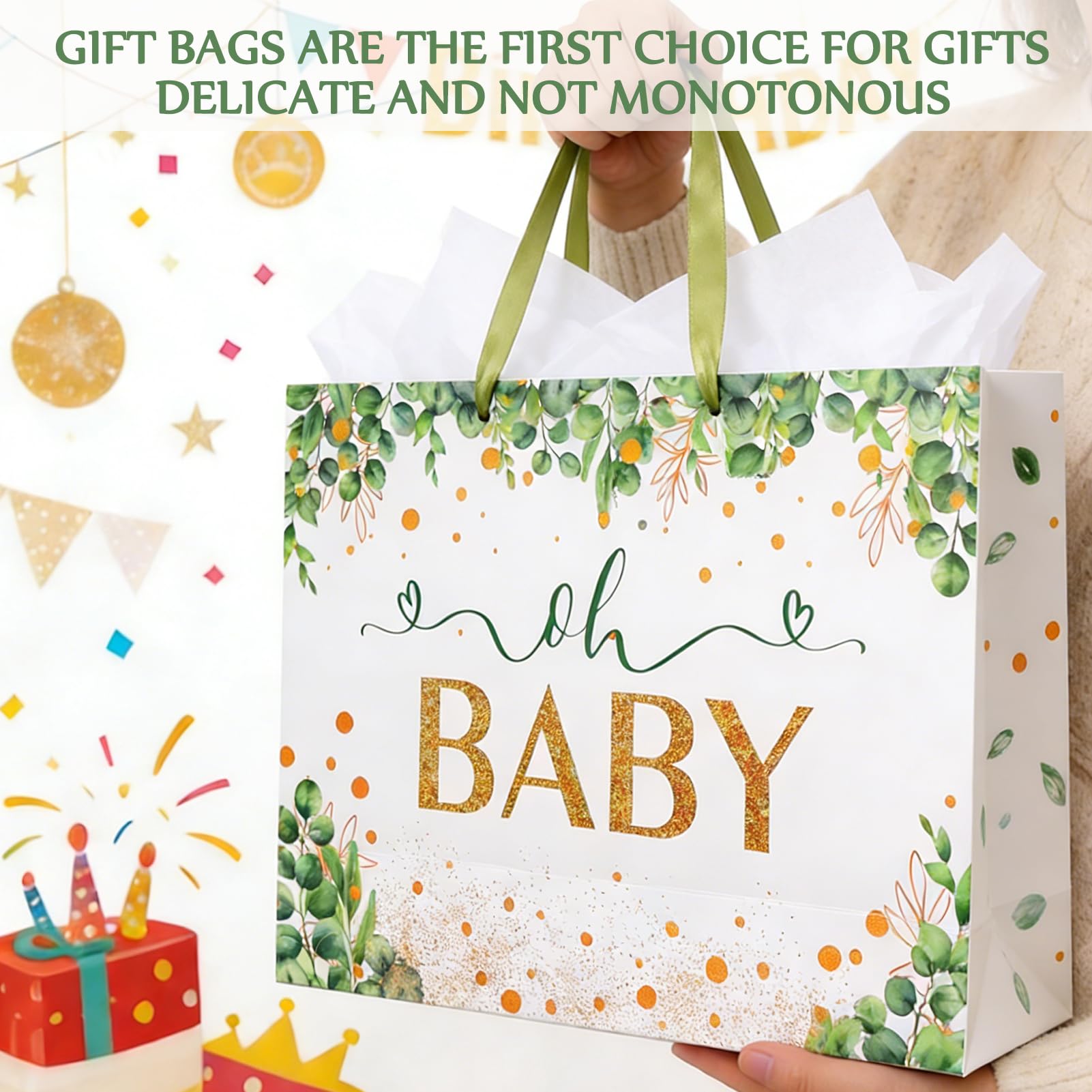 LUCTHY Large Birthday Gift Bag with Handles, 3 Tissue Papers, Card, Fresh-1 - Image 8