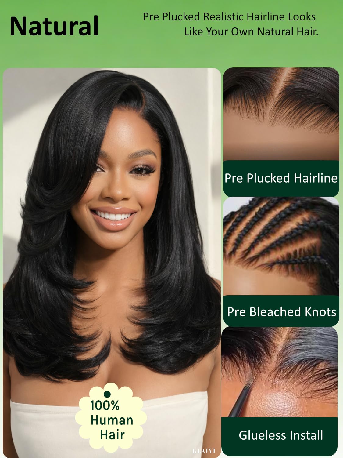 KLAIYI Bye Bye Slip™ Side Part Yaki Straight Human Hair Glueless Precut 7x5 Lace Front Wigs Drawstring Blowout Feathered Layers Bangs Wig Pre Plucked Bleached Knots 30S Ready to Wear and Go Wig 18Inch