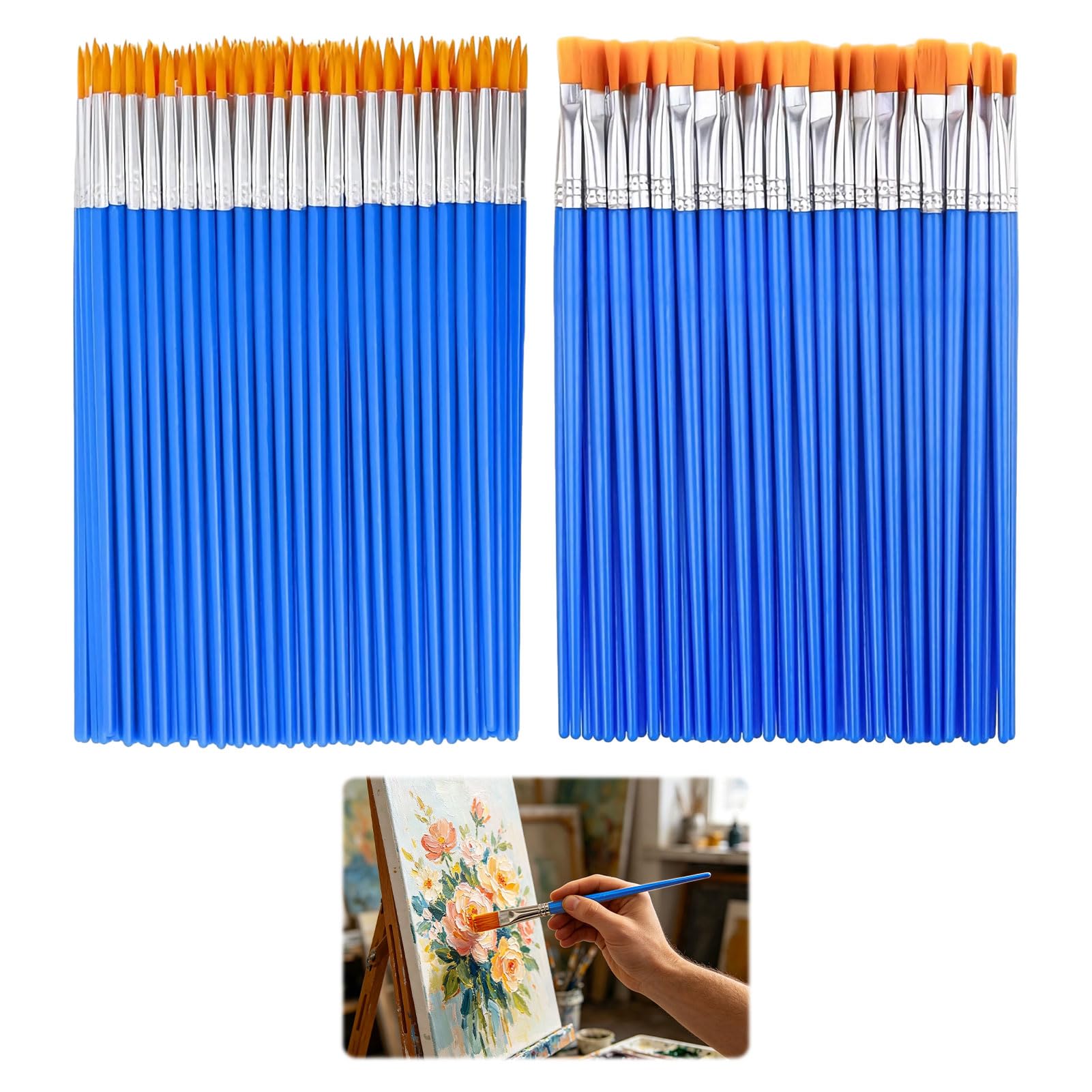 Small Paint Brushes, 100 Pcs Small Paint Brush, 50 Flat & 50 Round Kids PaintBrushes for Acrylic Painting, Watercolor, Canvas Face Painting Craft