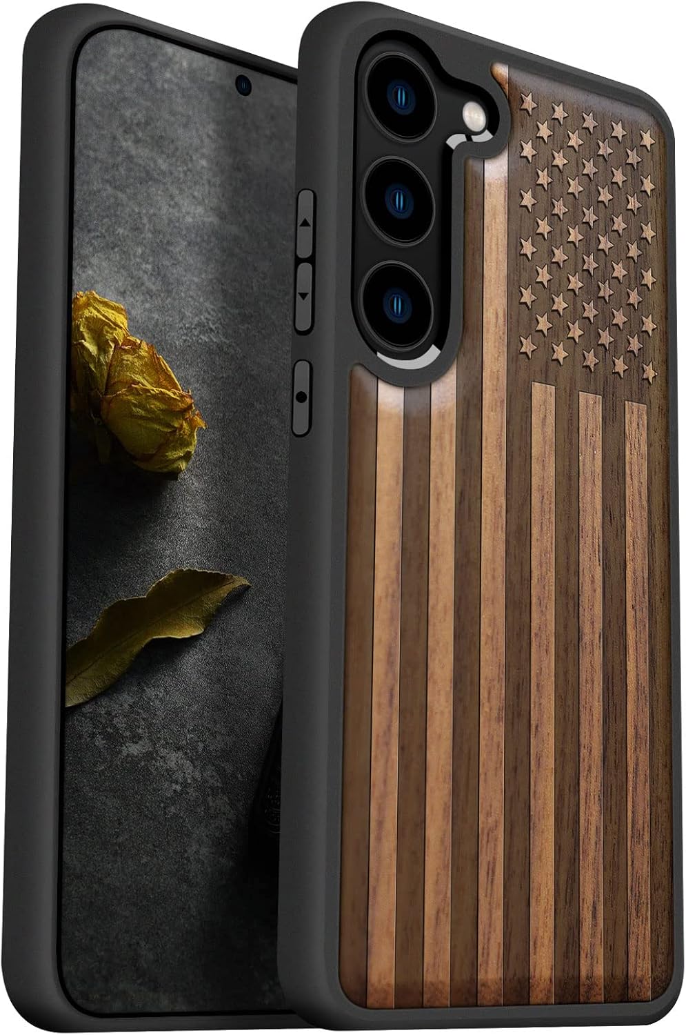 Carveit for Galaxy S23 Case Natural Wood Black Soft TPU Protective Cover Compatible with Samsung S23 American Flag-Walnut Wood Case | Shockproof, Unique, Classy, Wooden Design