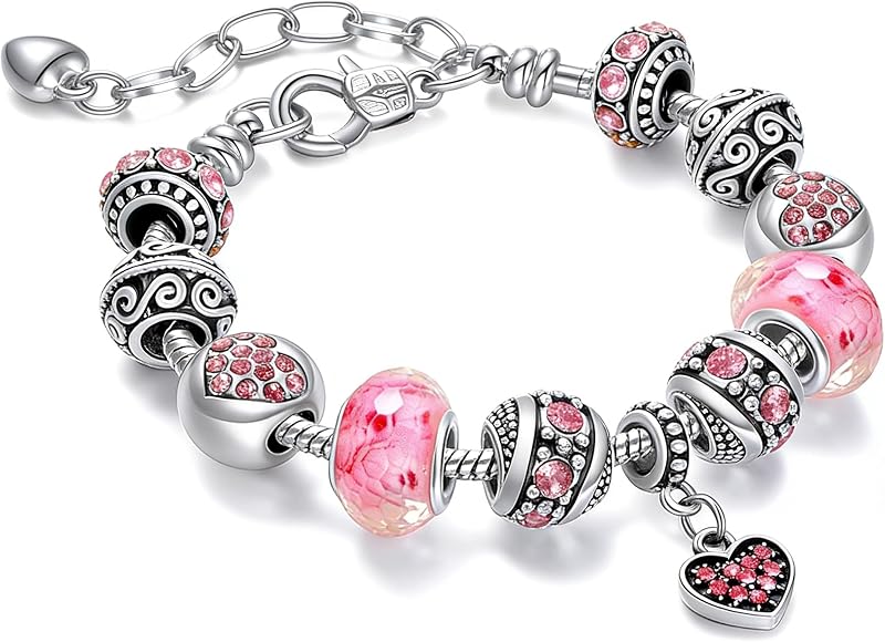 wmm Pink paired with silver plated pendant bracelet set, jewelry gift with beads, pendant, and adjustable snake chain, suitable for 7.5 inches+1.5 inches