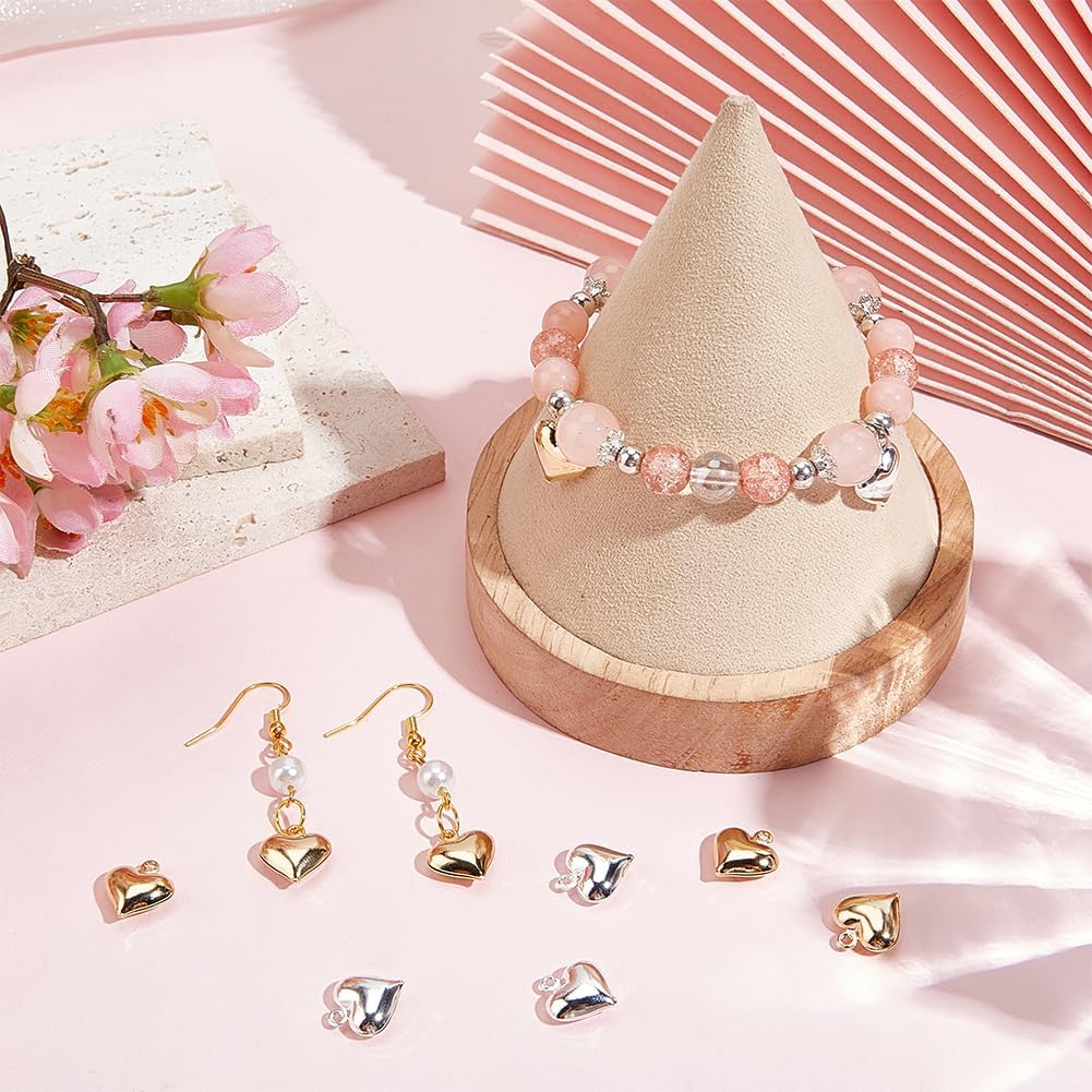 Beebeecraft 1 Box 80Pcs 3D Heart Charms 24K Gold & 925 Sterling Silver Plated Love Heart Dangle Pendants Valentine Hearts Charms for Jewelry Making Finding Necklaces Earrings Crafts Mother's Day, Small 0.5in