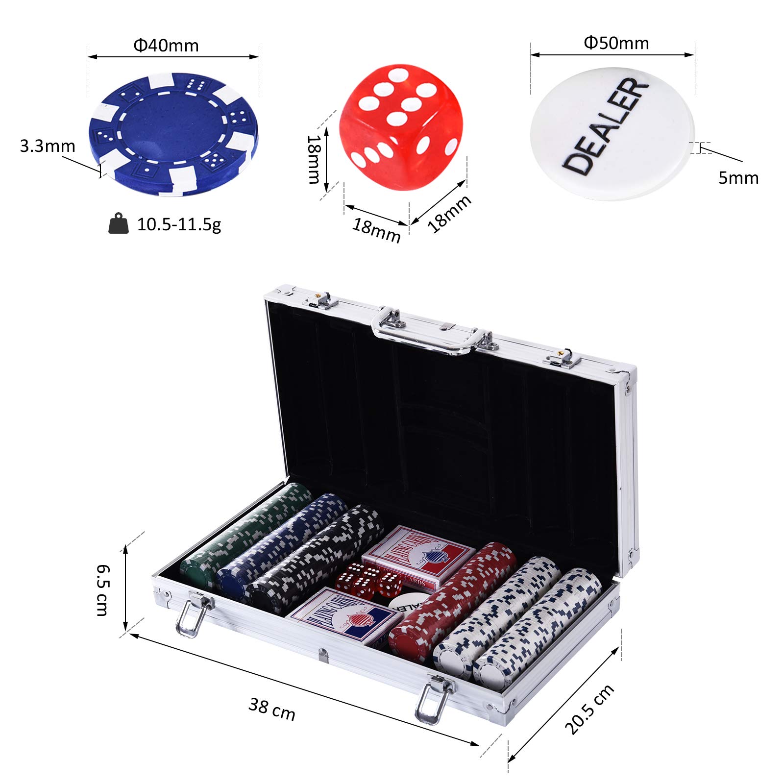 HOMCOM Maletín de Poker Profesional de Aluminio con 300 Fichas Juego Set de Poker Casino con 5 Dados 2 Barajas de Cartas y 1 Ficha de Crupier 38x20,5x6,5 cm Multicolor