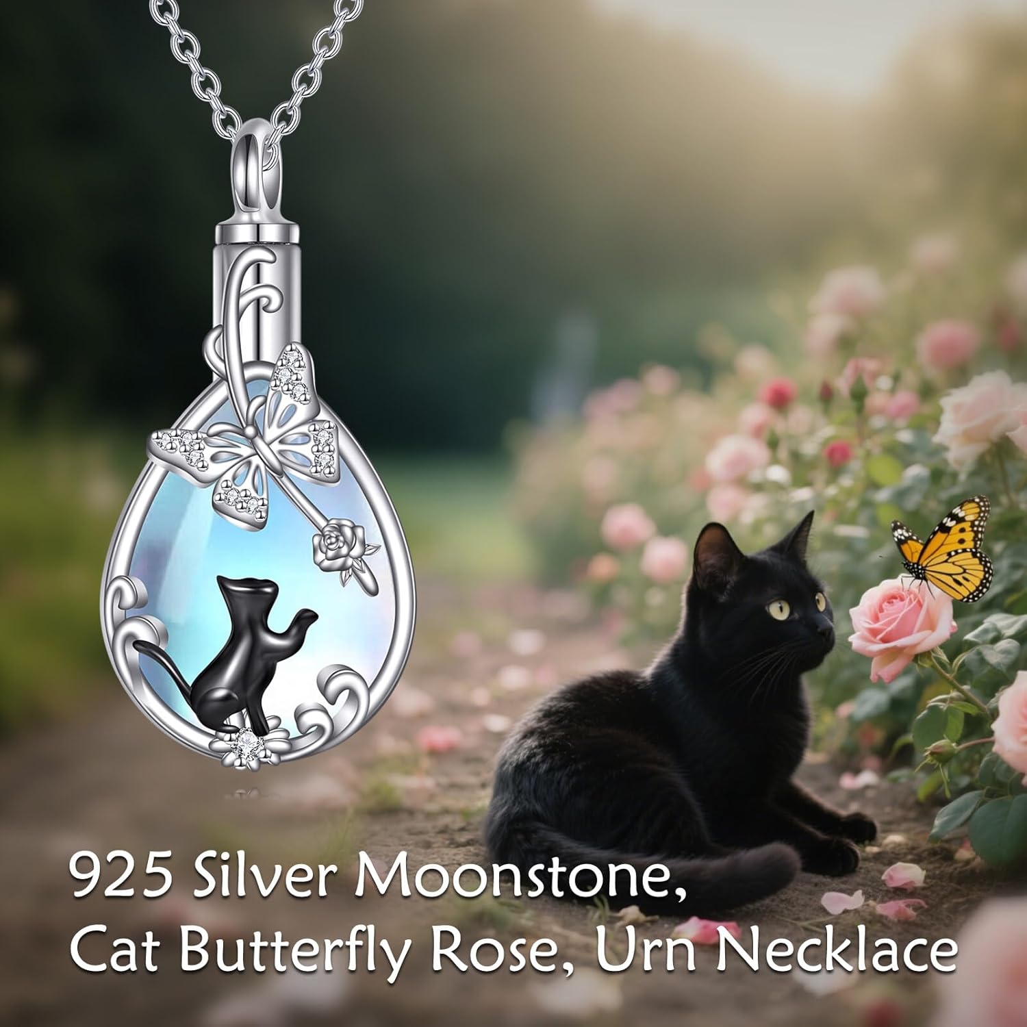 Cat Urn Necklaces for Ashes Sterling Silver moonstone Cremation Urn Necklaces Cremation Holder Memorial Pendants Jewelry(18+2 in) - Image 2