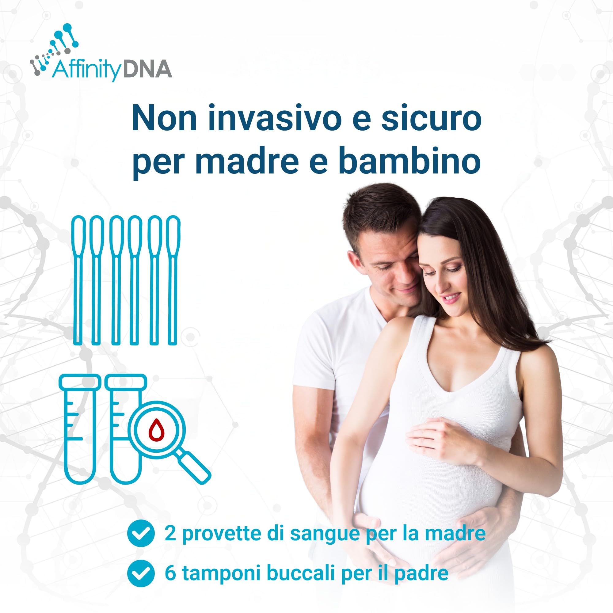 Kit test paternità prenatale non invasivo | Dalla 7a settimana | DNA in gravidanza senza attese | Sangue materno + tamponi buccali per padre | Risultati in 5–7 giorni lavorativi | Servizio discreto