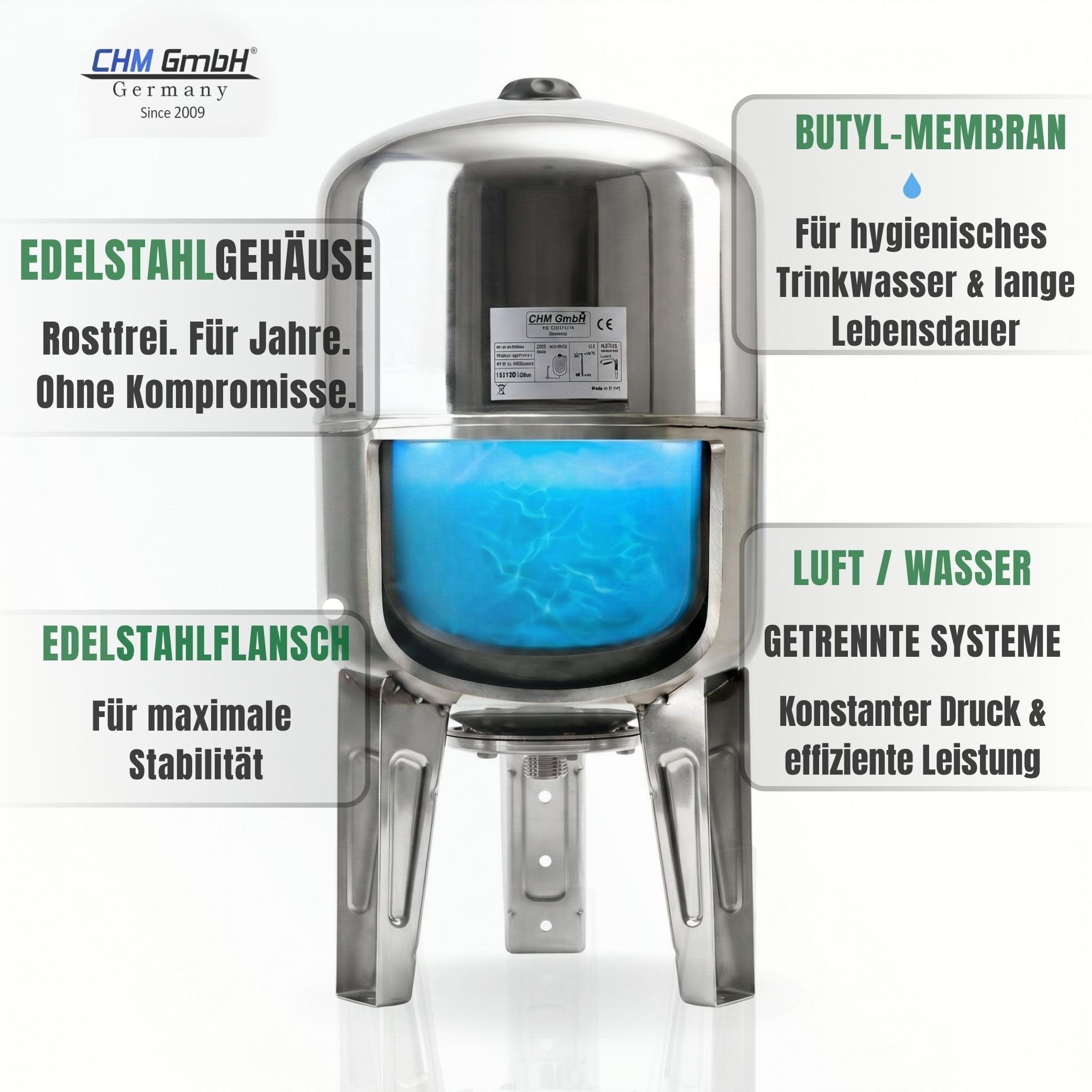 Druckkessel Membrankessel vertikal 50 L Edelstahl max. 6 Bar, Ausdehnungsgefäß stehend