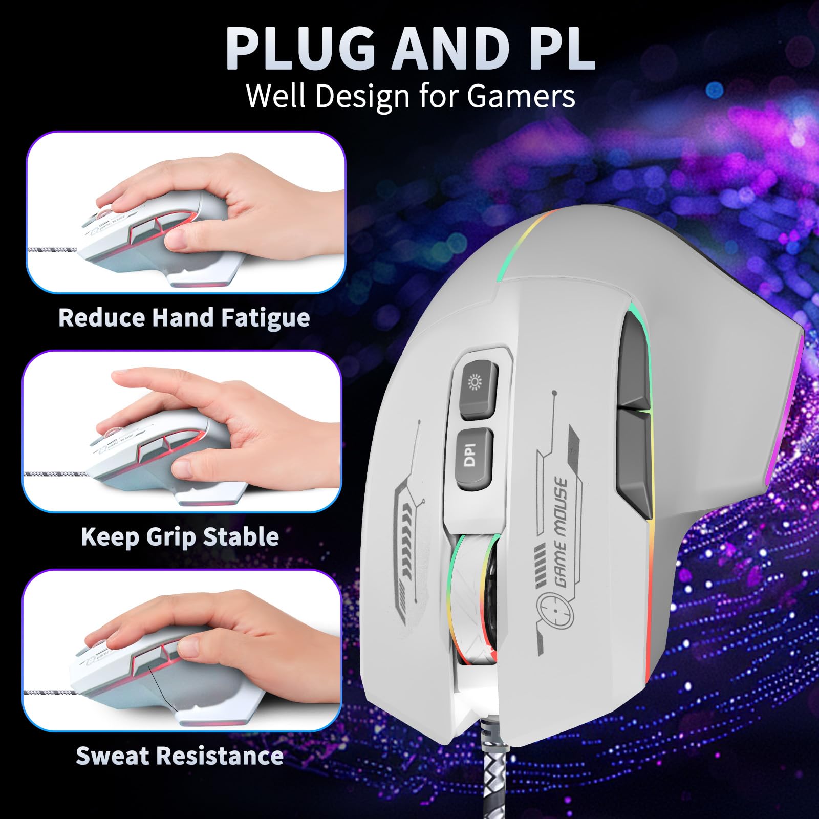 Mysz do gier, przewodowa mysz do gier z podświetleniem RGB, regulowana 7200 DPI, mysz do gier komputerowych z 7 ruchomymi przyciskami makro, ergonomiczna mysz dla graczy na PC, komputer