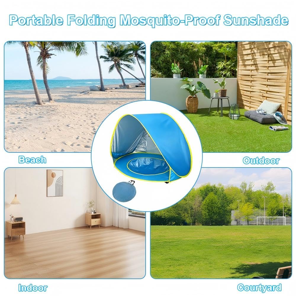 Tenda da Spiaggia Pop-up, Tenda da Spiaggia Bambini con Mini Piscina e Borsa, Tenda per Neonati Pieghevole Portatile Protezione Solare Anti-UV 50+, Tenda Spiaggia Bambini per Campeggio