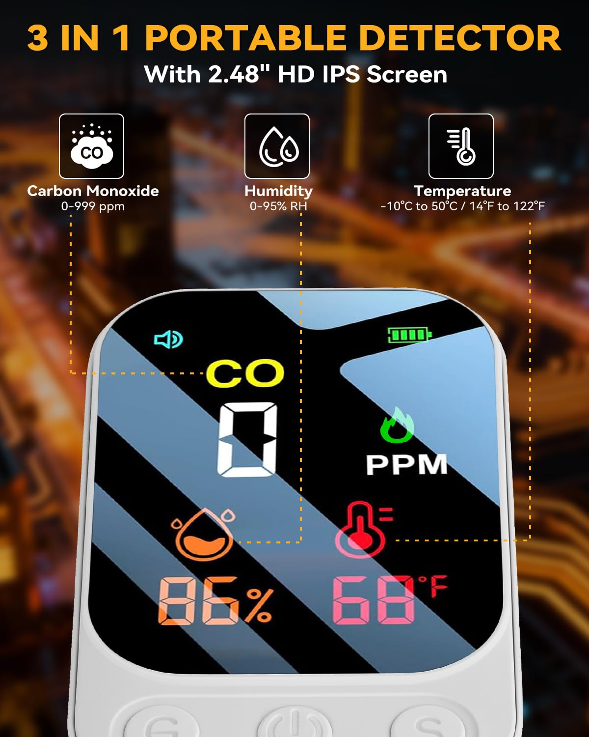 3 en 1 Detector Monóxido de Carbono Alarma De Monóxido Co Portable Carbon Monoxide Detector con Temperatura Humedad Alarma Audible y Visual para Viajes en Casa Camping Autocaravana