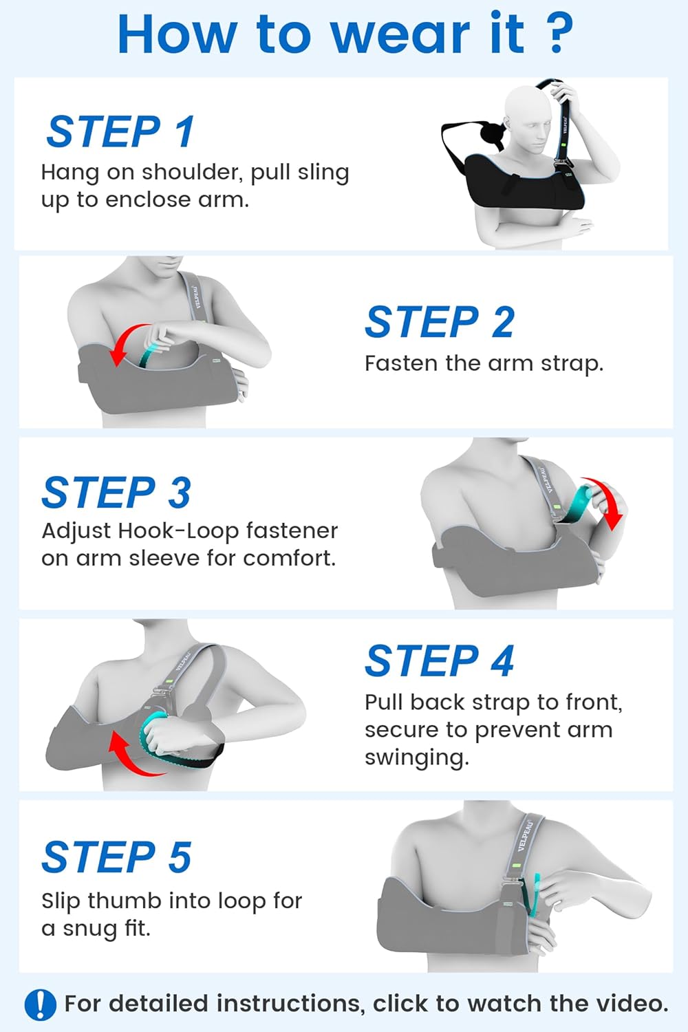 VELPEAU Arm Sling Shoulder Immobilizer for Women and Men, fit Left or Right Arm - Rotator Cuff Support Brace -Medical Sling for Shoulder, Clavicle, Elbow Injury (Breathable type, Large: Bust 33.5″-41″) - Image 9