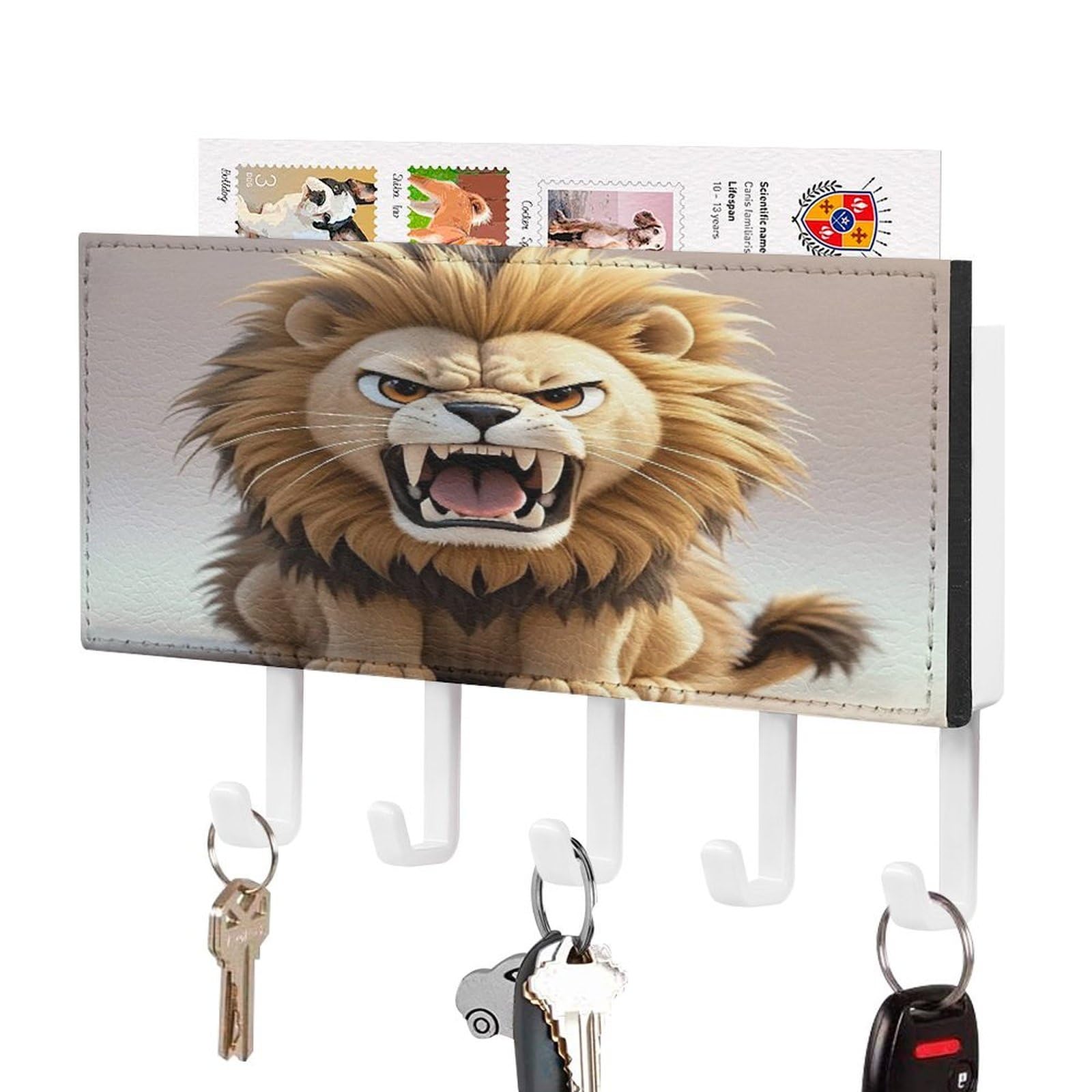 Fekiloot White-Style Lion Key Holder Wall Mount Key Hanger With 5 Hooks Decorative Key Rack Hanging Key Hooks With Mail Organizer Key Holder For Wall Living Room Kitchen Bathroom Hallway White