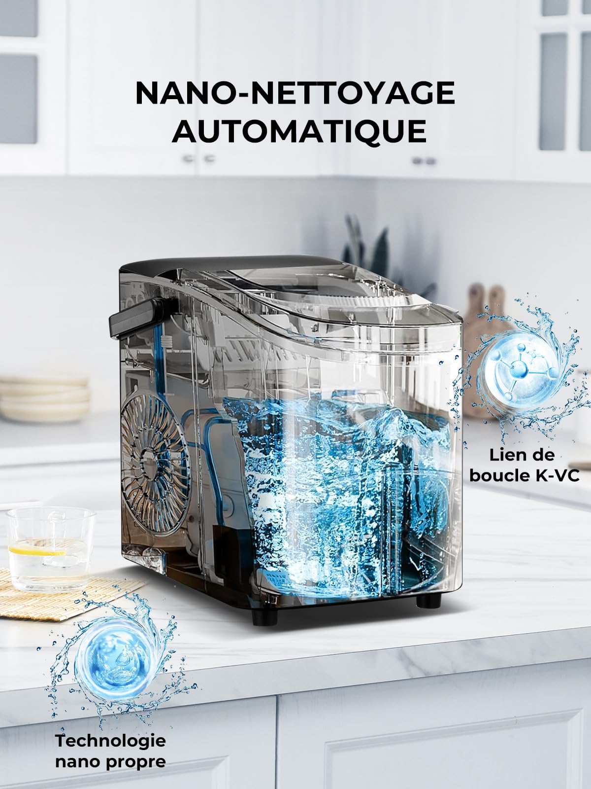 FOHERE Machine à glaçons, glaçons en 5 minutes, 14 kg en 24 heures, mini machine à glaçons autonettoyante, 2 tailles de glaçons pour la Cuisine/Camping/Maison (Noir Sombre)