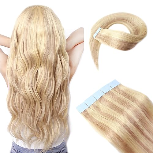 Extensiones de cabello con cinta, extensiones de cabello humano real sin costuras para mujeres, gruesas y naturales rubias claras con reflejos rubio