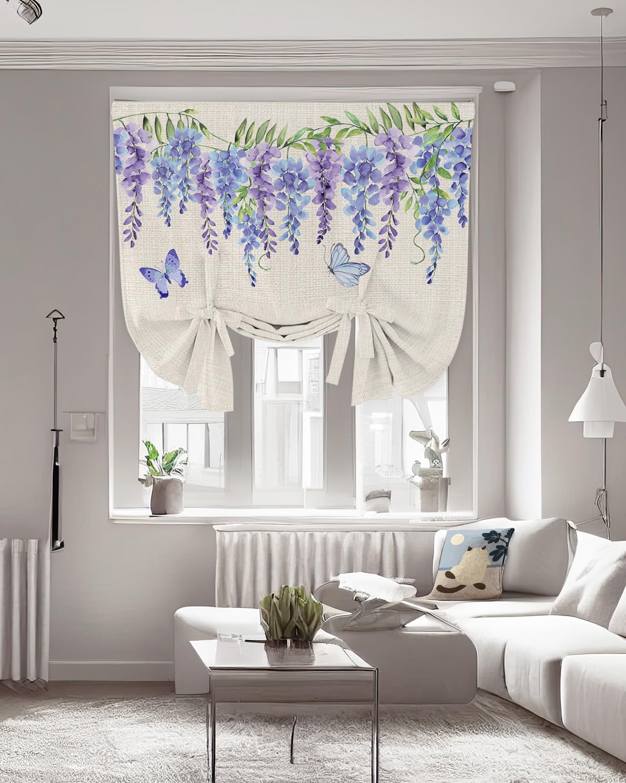 Anzona Tie Up Curtains for Windows, Blue Purple Weeping Floral Adjustable Balloon Linen Textured Curtain, Spring Summer Botanical Butterfly Rustic Window Valance Balloon Blind for Cafe, 42