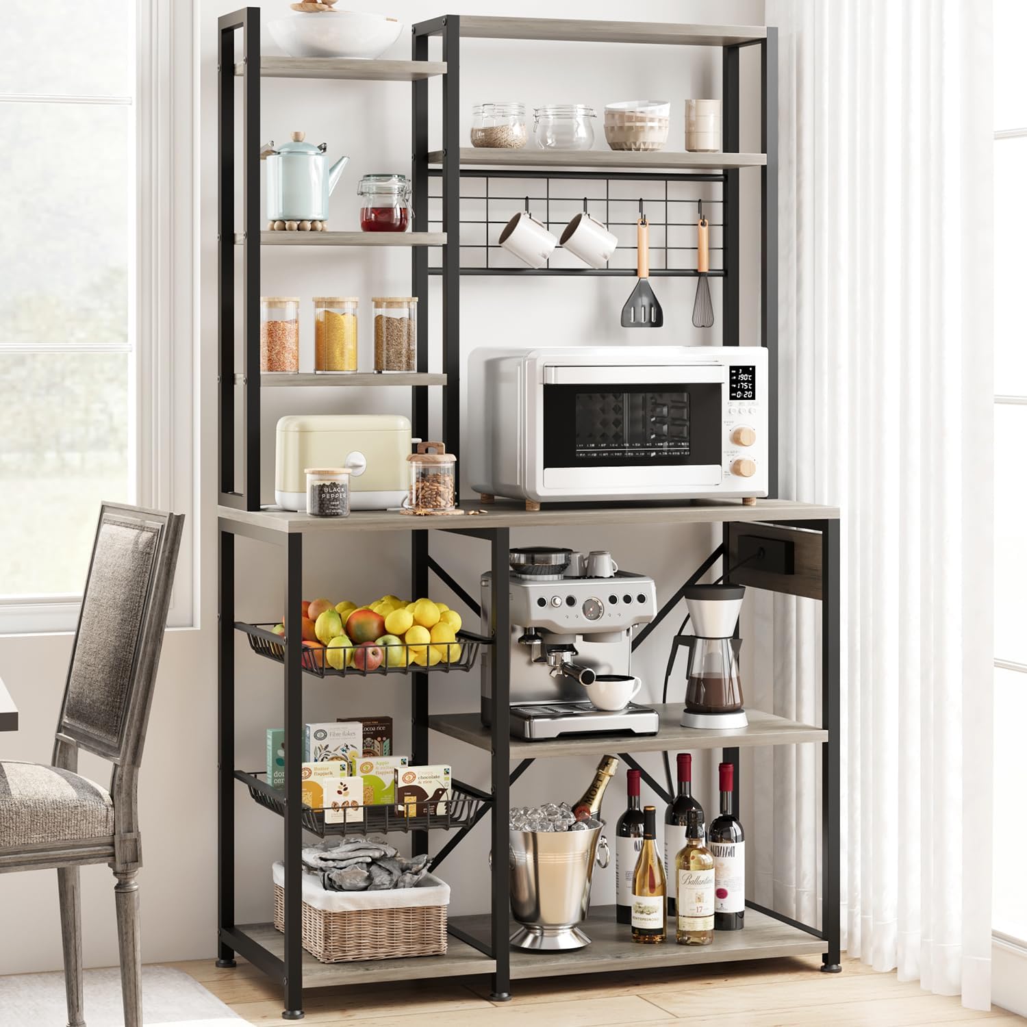 GAOMON Bakers Rack with Power Outlet, Industrial Microwave Stand with 2 Wire Drawer, Large Coffee Bar Station, 7-Tier Kitchen Bakers Rack with Storage for Kitchen Spice, Pots Organizer, Rustic Brown