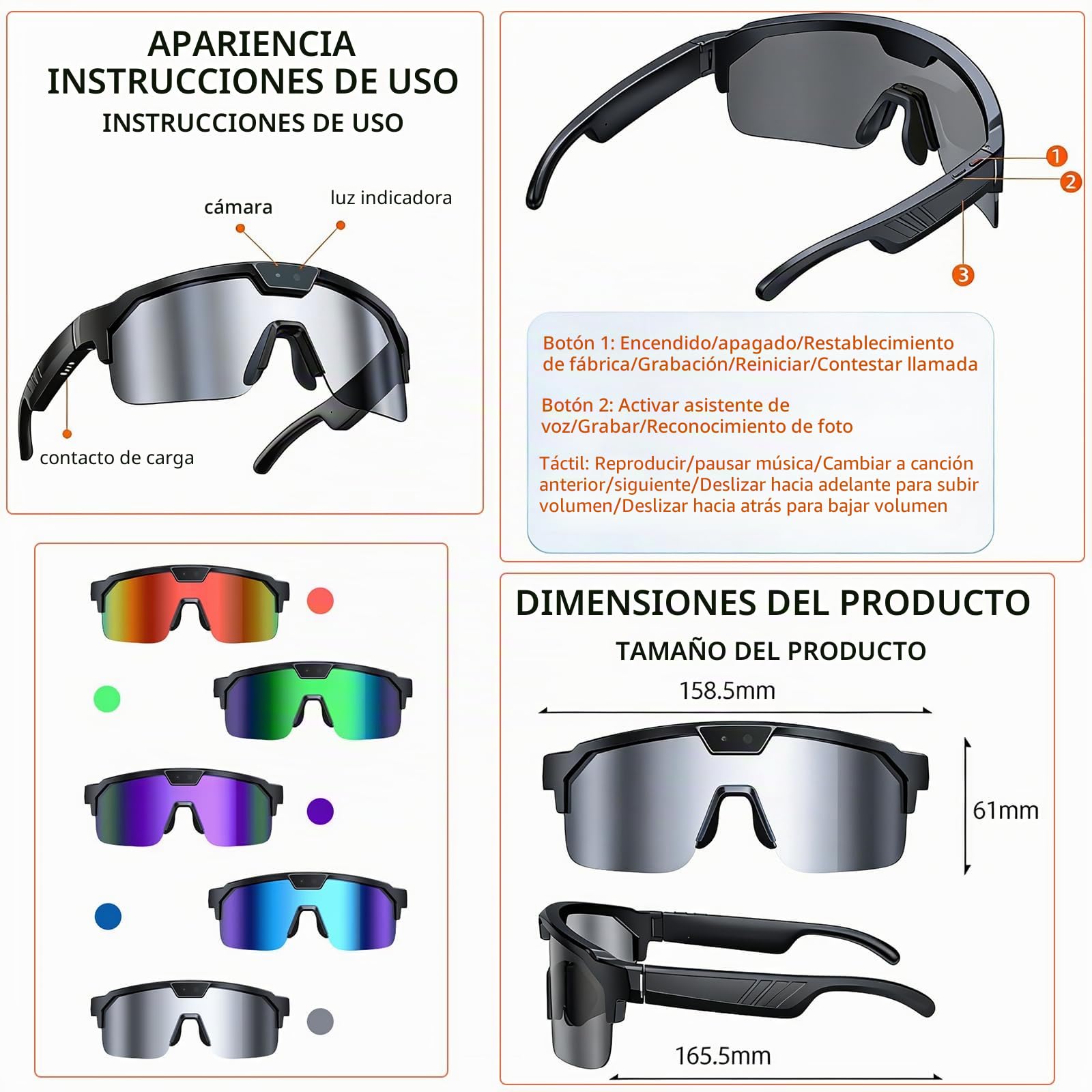 Gafas Inteligentes Con Ia, Cámara De 8 Mp, Lentes UV + Polarizadas, Bluetooth, Compatibles Con ChatGPT/Grabación/Traducción Sincrónica, Gafas Para Llamadas Durante Ciclismo Al Aire Libre Orange
