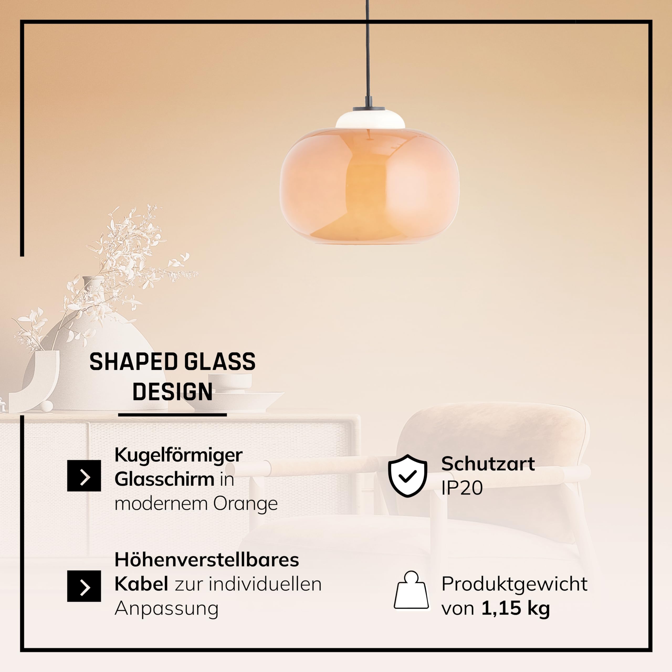 Lightbox Hängelampe Glas orange - mundgeblasene Pendelleuchte höhenverstellbar Ø 30 cm - Retro Esstisch Lampe mit Textilkabel - E27 (max .60 W), exkl. LED