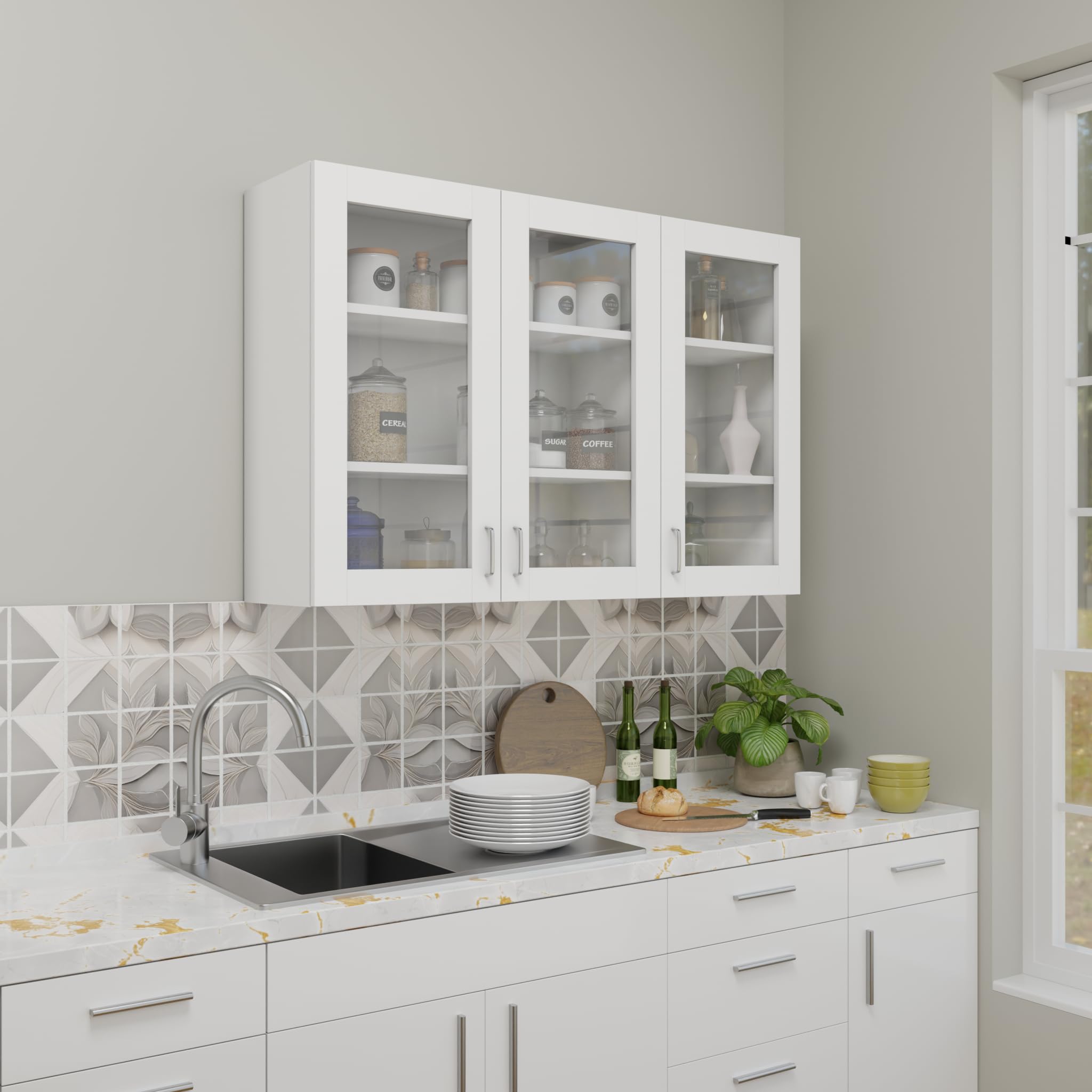 VIKI Furniture | Modular Kitchen Wall Cabinet – 3 Glass Door Cabinet | Space Saving Rack for Spices | DIY Home Storage Cupboard (Frosty White – 30D x 120W x 80H cm) | 1 Year Warranty-image-31
