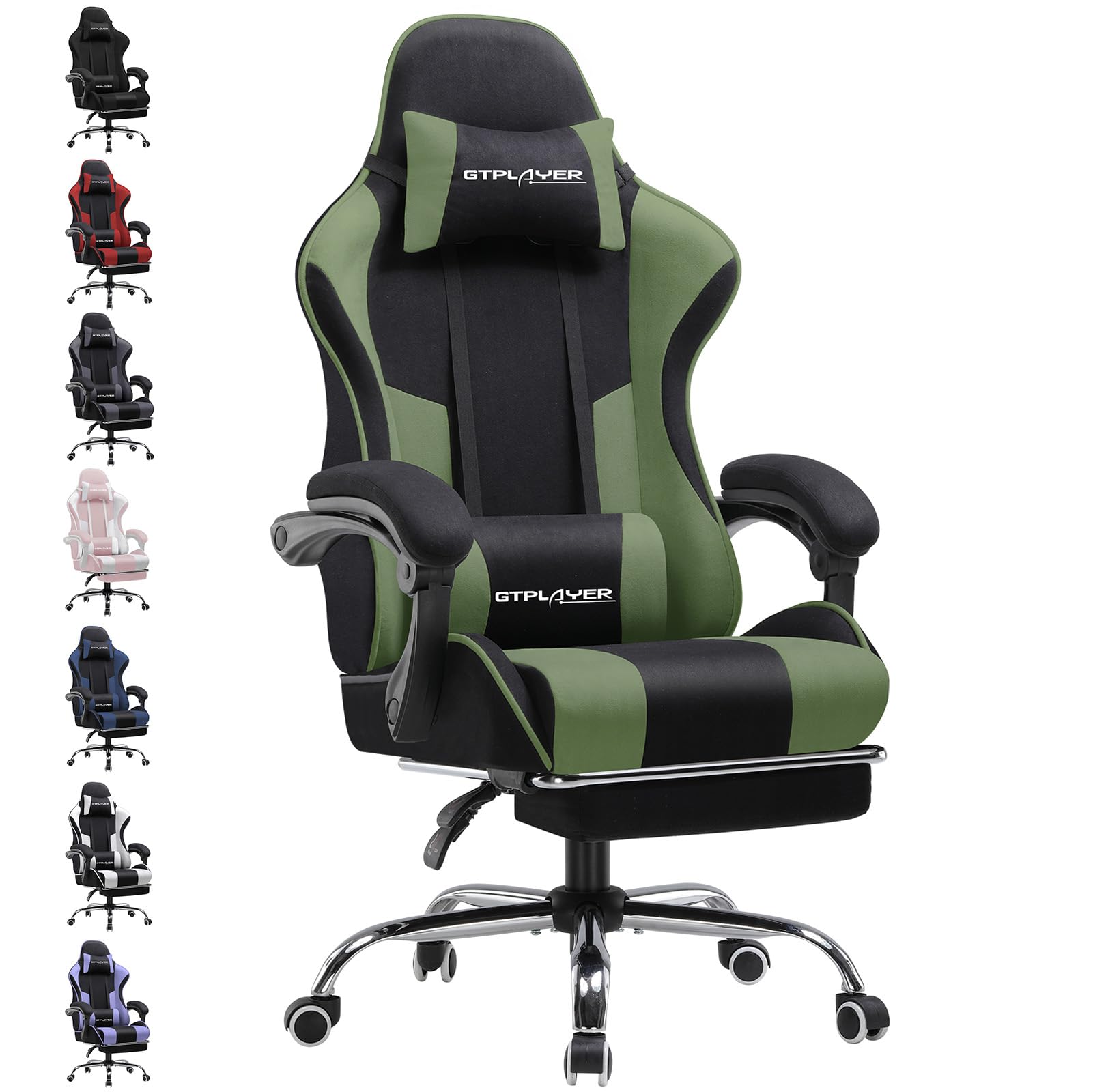 GTPLAYER Gaming Stuhl Stoff, Bürostuhl Massage Gaming Sessel Ergonomischer Gamer Stuhl mit Fußstütze, Gepolstert Gaming Chair, Drehsessel 150KG, grün