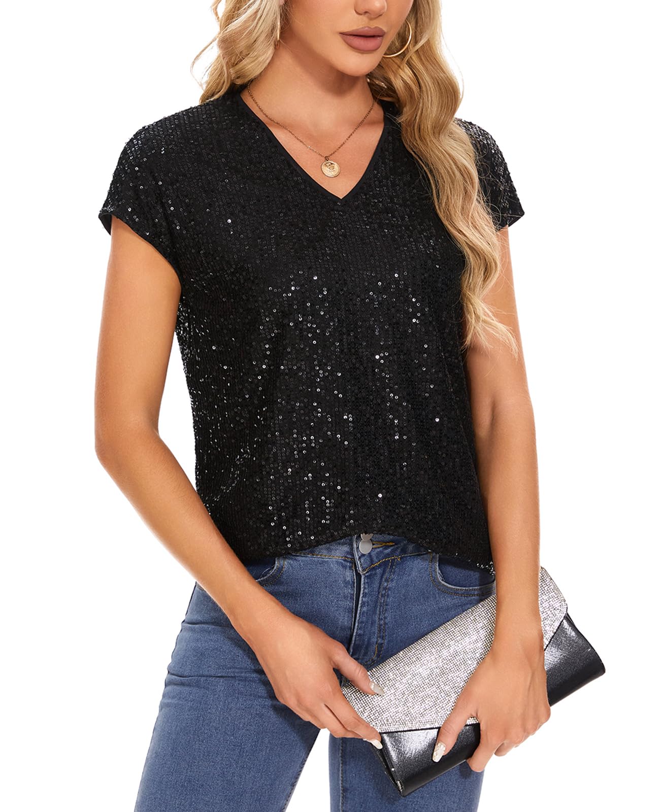 MINTLIMIT Haut pour femme à paillettes et à glissière, manches courtes, col en V, T-shirt, blouse, manches à capuchon, décontracté, fête, festival, club, b-noir, S
