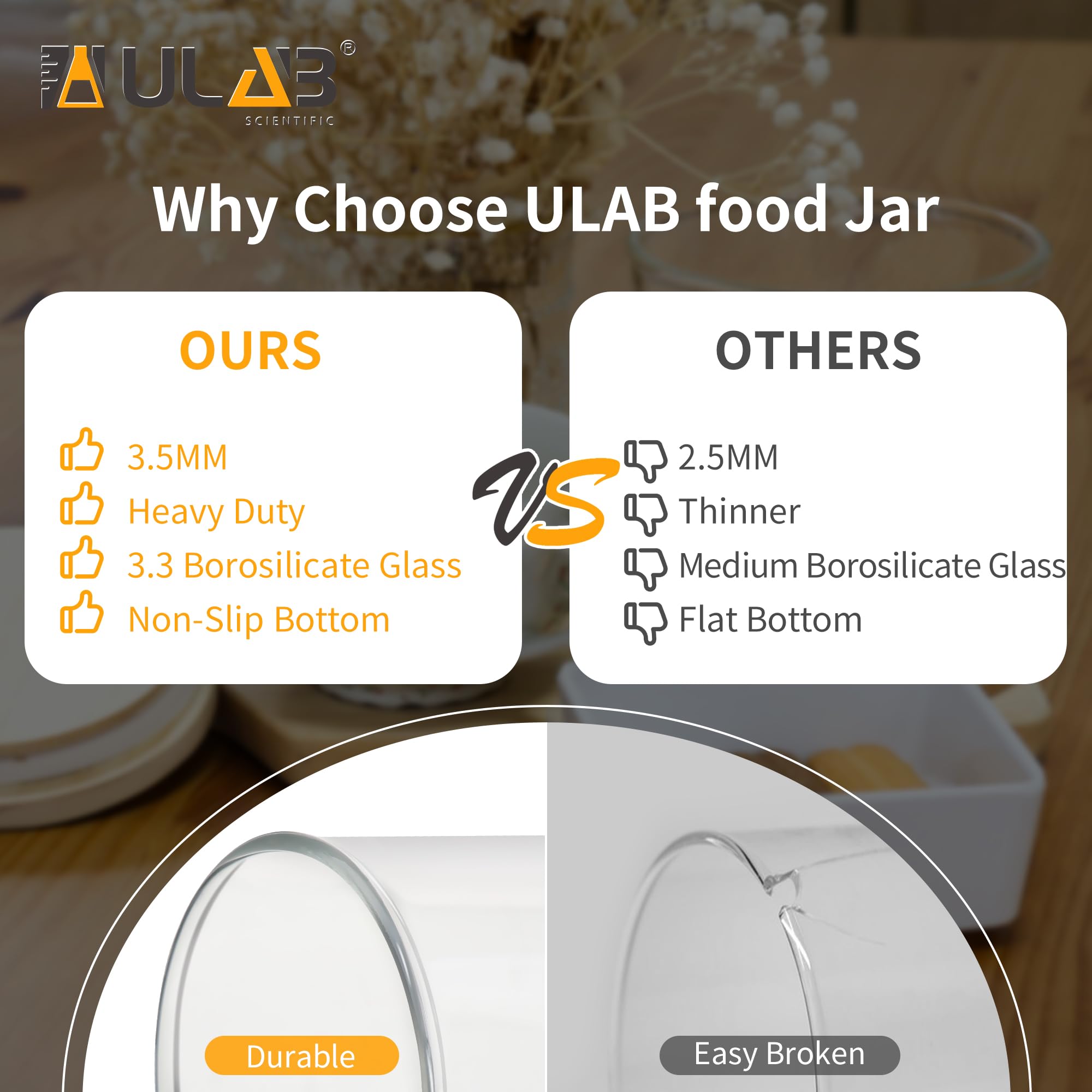 ULAB Juego de recipientes de vidrio grueso para alimentos con tapa, tarro de almacenamiento transparente, juego de recipientes herméticos de vidrio para galletas, pasta, granos de café, USJ1003