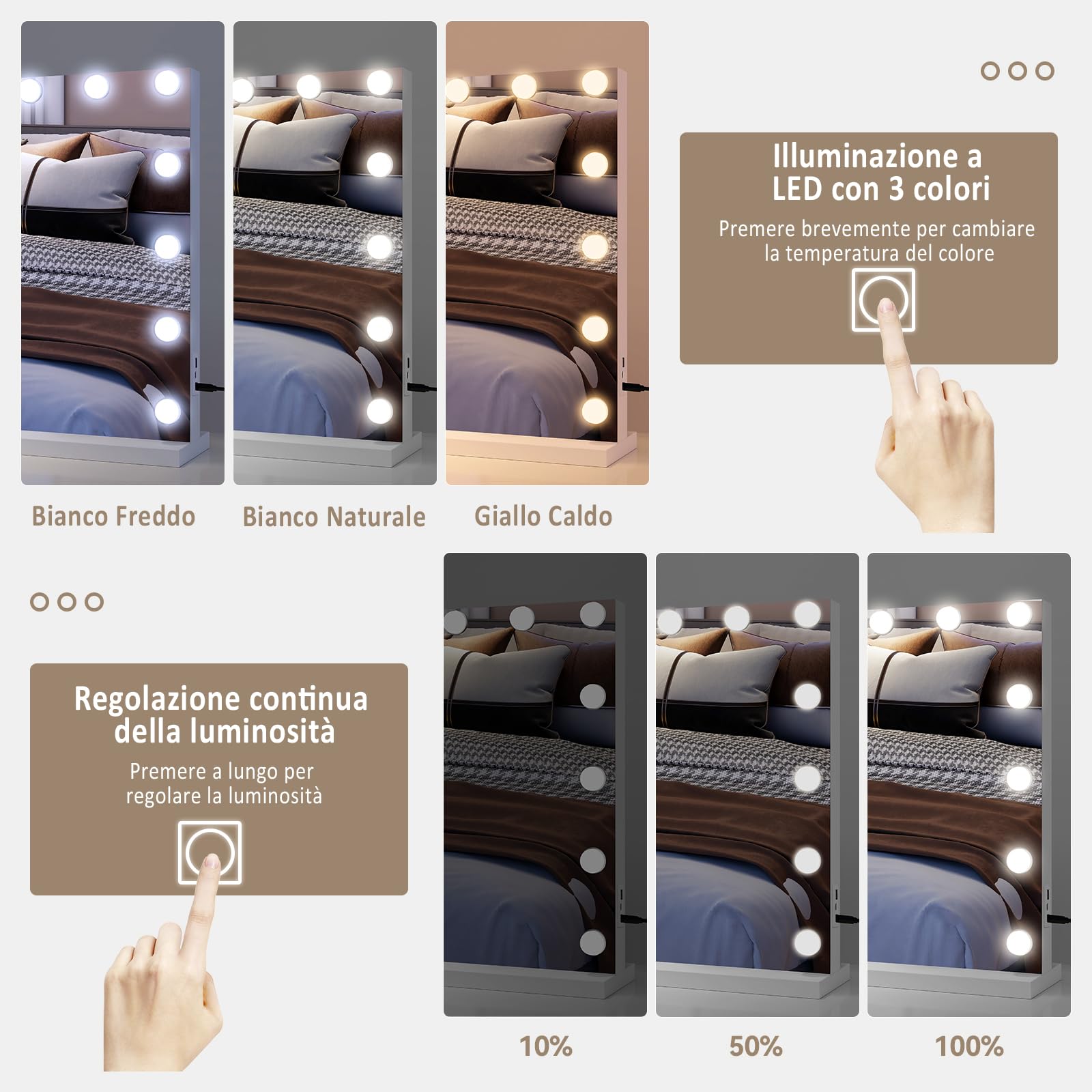 YU YUSING Specchio Trucco con Luci 80x60cm Hollywood con 18 Lampadine LED, 3 Modalità di Luce, Controllo Touch, Display Digitale, Type-C e USB, Ingrandimento 10x, da Tavolo, da Parete