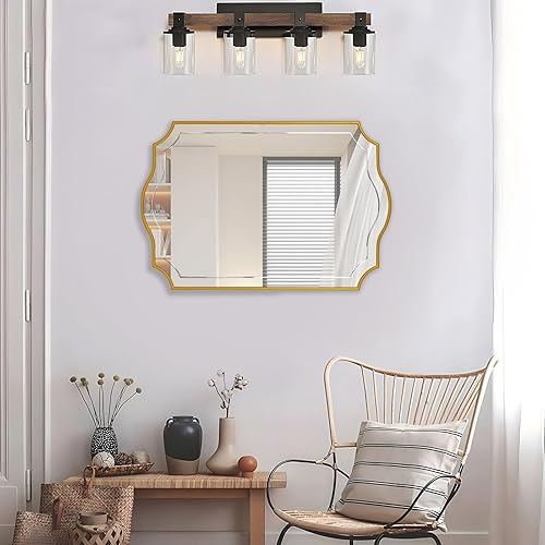 Miniatura 9 de POZINO Espejo de baño dorado, espejo rectangular moderno de 24 x 36 pulgadas para sobre el fregadero, espejos festoneados con marco de madera,