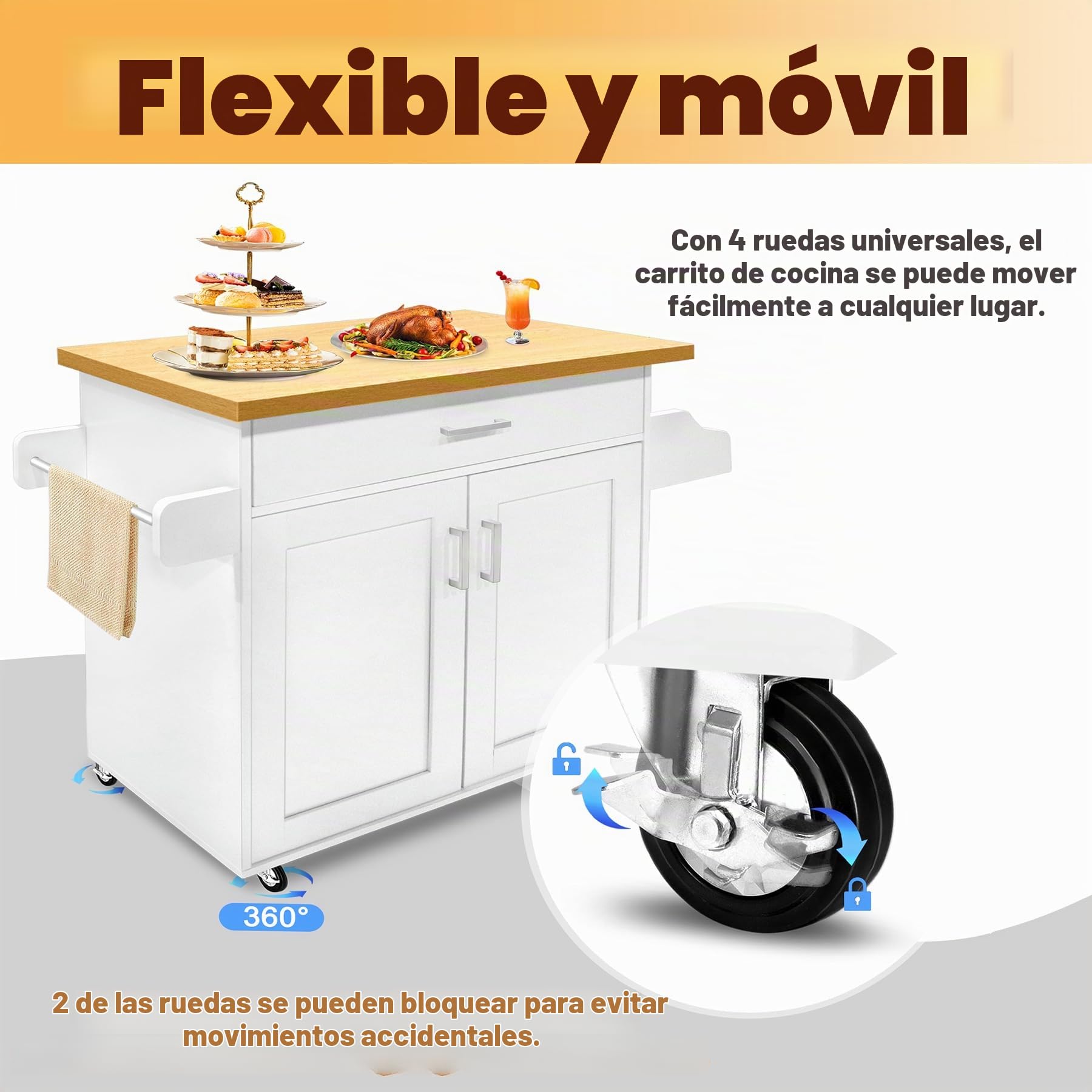 Froadp Carrito de Cocina Carro de Servicio con Ruedas Isla Multifuncional con Cajón Toallero y Especiero