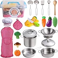 Juboury Kids Pretend Play Kitchen Set: Stainless Steel Pots, Pans, Utensils, Apron, Chef Hat & Cutting Veggies Toys for Toddlers Boys Girls