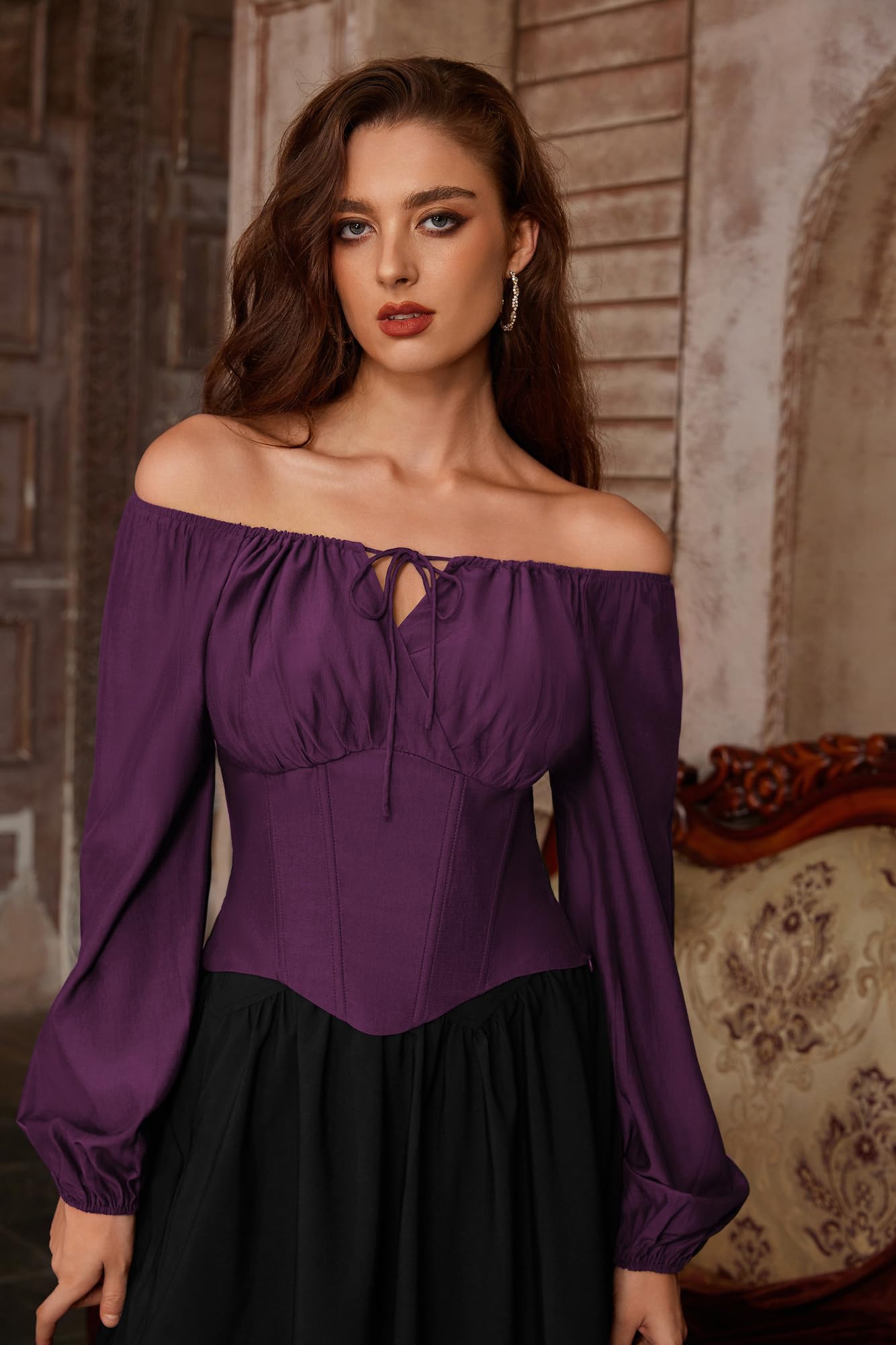 Scarlet Darkness Korsett-Oberteile für Damen, elastischer Ausschnitt, Renaissance-Hemd, Bauernbluse